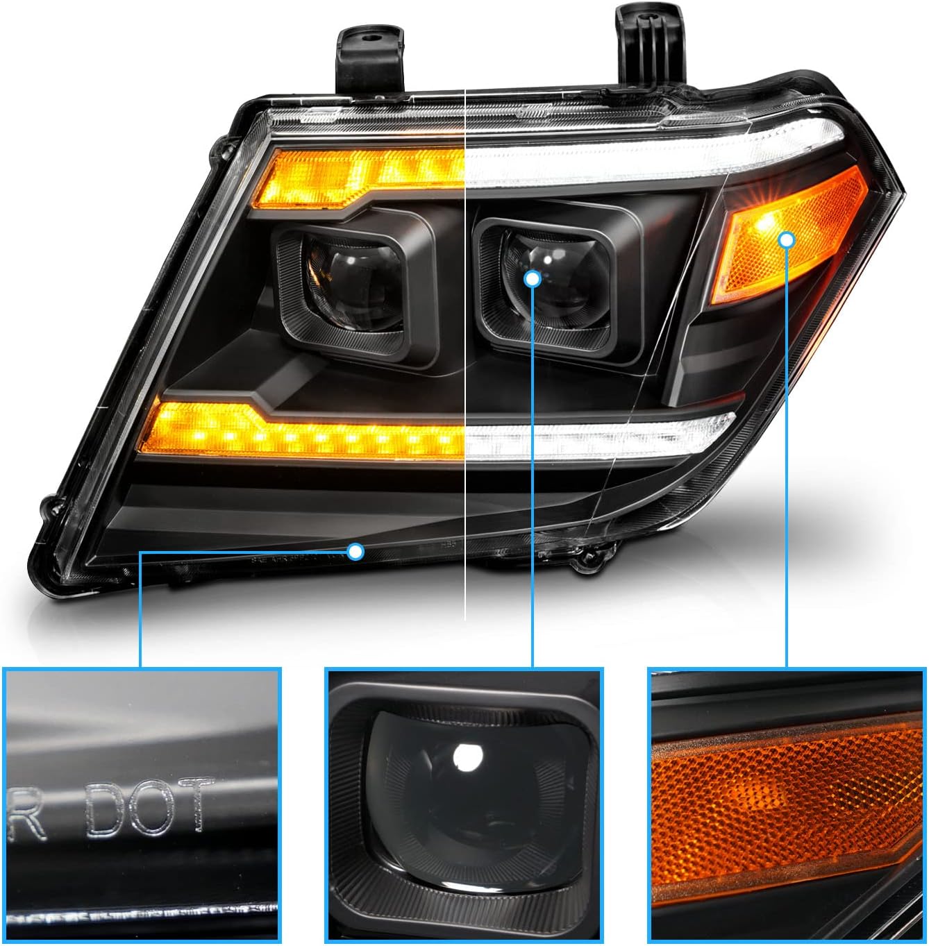 AmeriLite for 2009-2020 Nissan Frontier Pickup Truck LED DRL Tube Switchback Sequential Signal Black Projector Headlights Set - Passenger and Driver Side