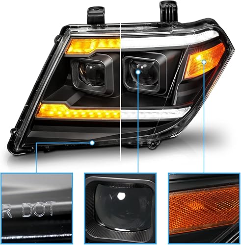 Miniatura 3 de AmeriLite Juego de faros delanteros para Nissan Frontier Pickup Truck LED DRL Tube Switchback Sequential Signal Black Projector - lado del pasajero