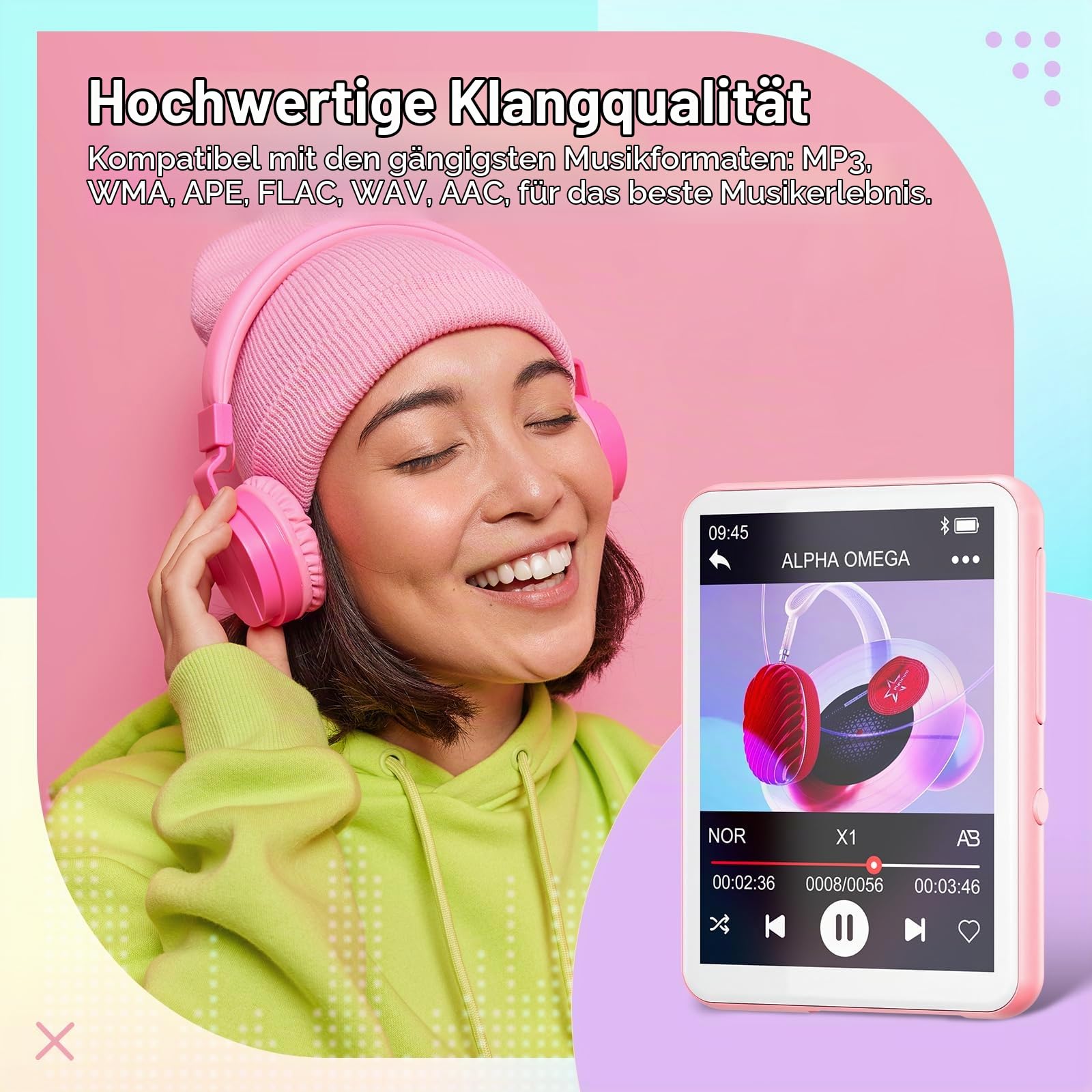 128GB MP3-Player Bluetooth 5.4, Oilsky 2,4 Zoll Full Touchscreen MP3, Tragbarer Musik Player mit Lautsprecher und FM Radio, Kinder MP3 Player, Sports Mp3 Player (Rosa)