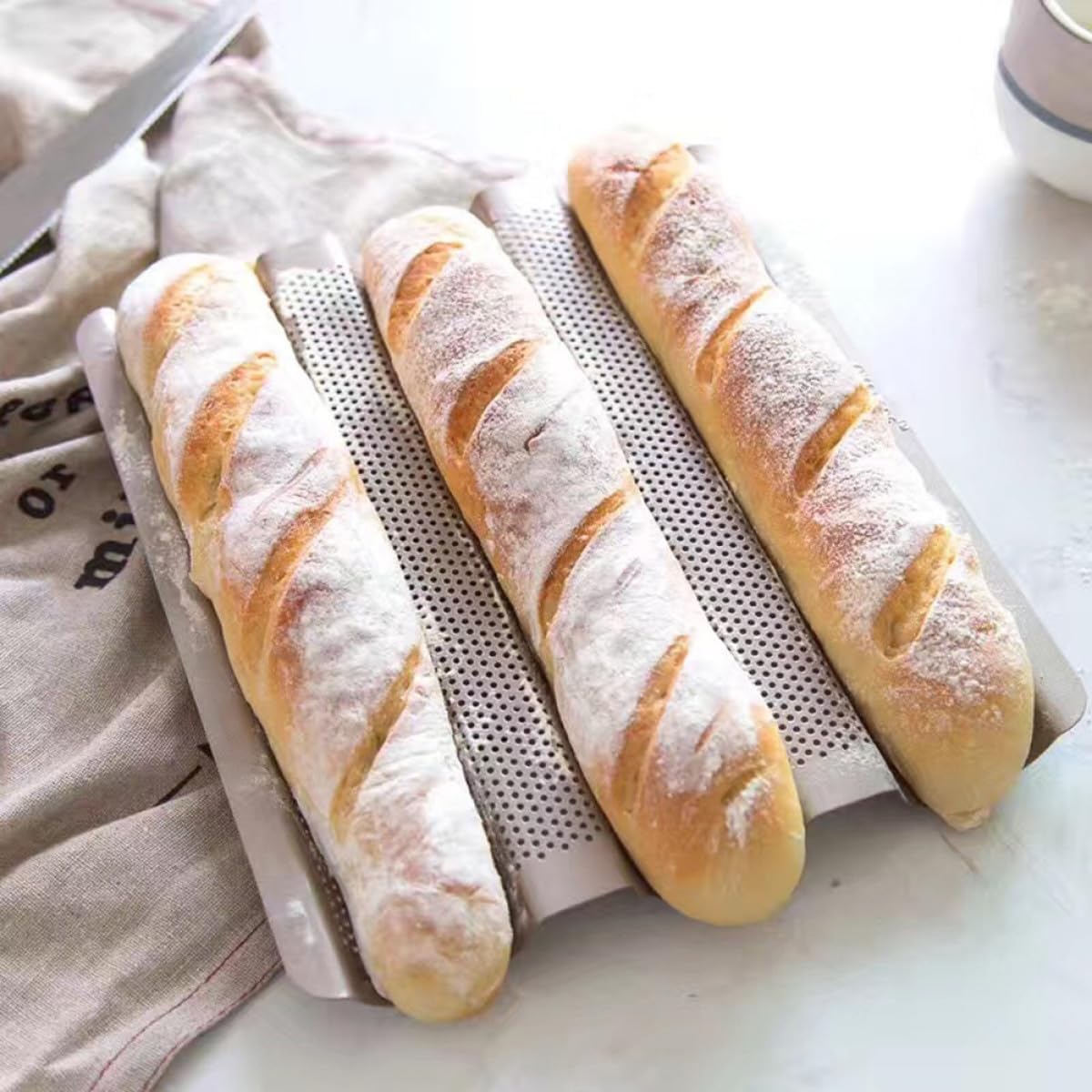 Nonstick Carbon Steel Bread Loaf Pan Set with Three-slot Perforated Design, Golden Mini French Bread Baking Mold for Oven Baking and Home Use