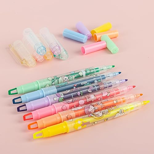 Miniatura 2 de AIHAO Punta de doble punta, punta de cincel transparente y punta fina, lindo rotulador, colores surtidos, 6 unidades.