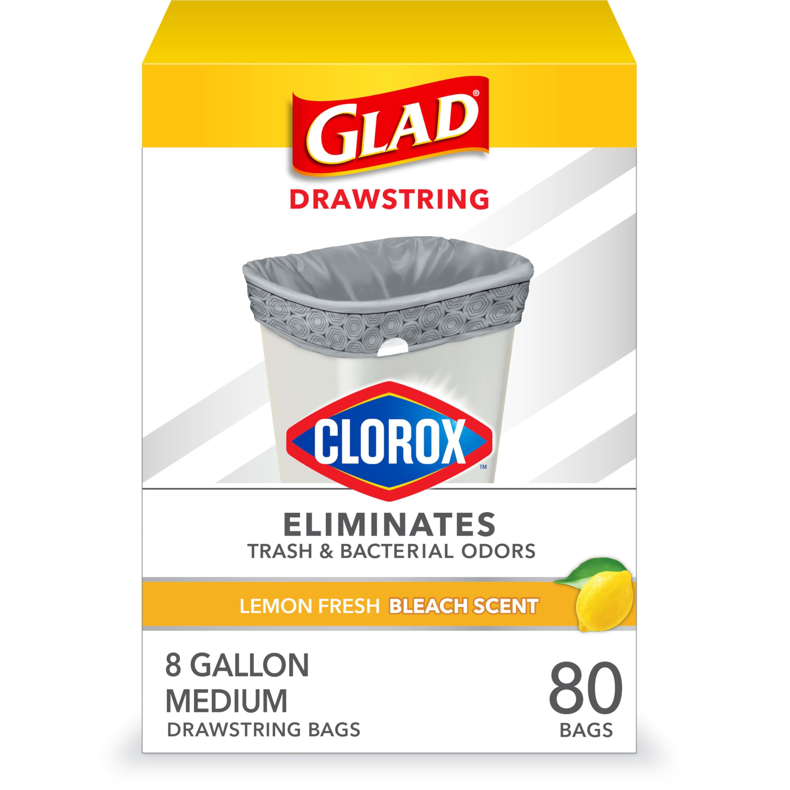 Glad Medium Trash Bags, 8 Gallon, Lemon Fresh Bleach Garbage Bags, Resists Bacterial Odors with Drawstring, 80 Count