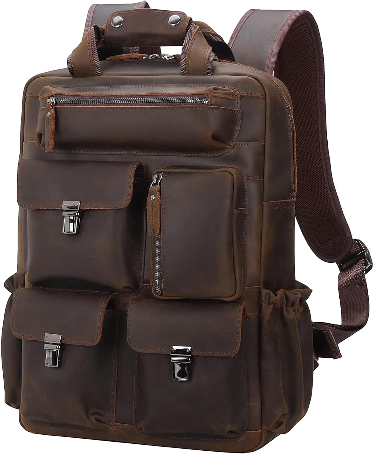 Masa Kawa Leather Backpack for Men Vintage 15.6 Inch Laptop Bag Multi Pockets Casual Work Travel Camping Daypack (deep brown)