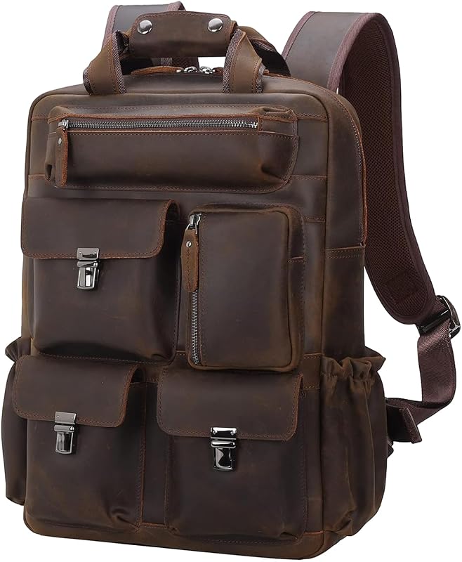 Masa Kawa Leather 15.6 Inch Laptop College Backpack for Men Work | Full Grain Cowhide Anti Theft Casual Travel Computer Daypack Bag with Multi Pockets, Luggage Strap,Water Bottle Holder