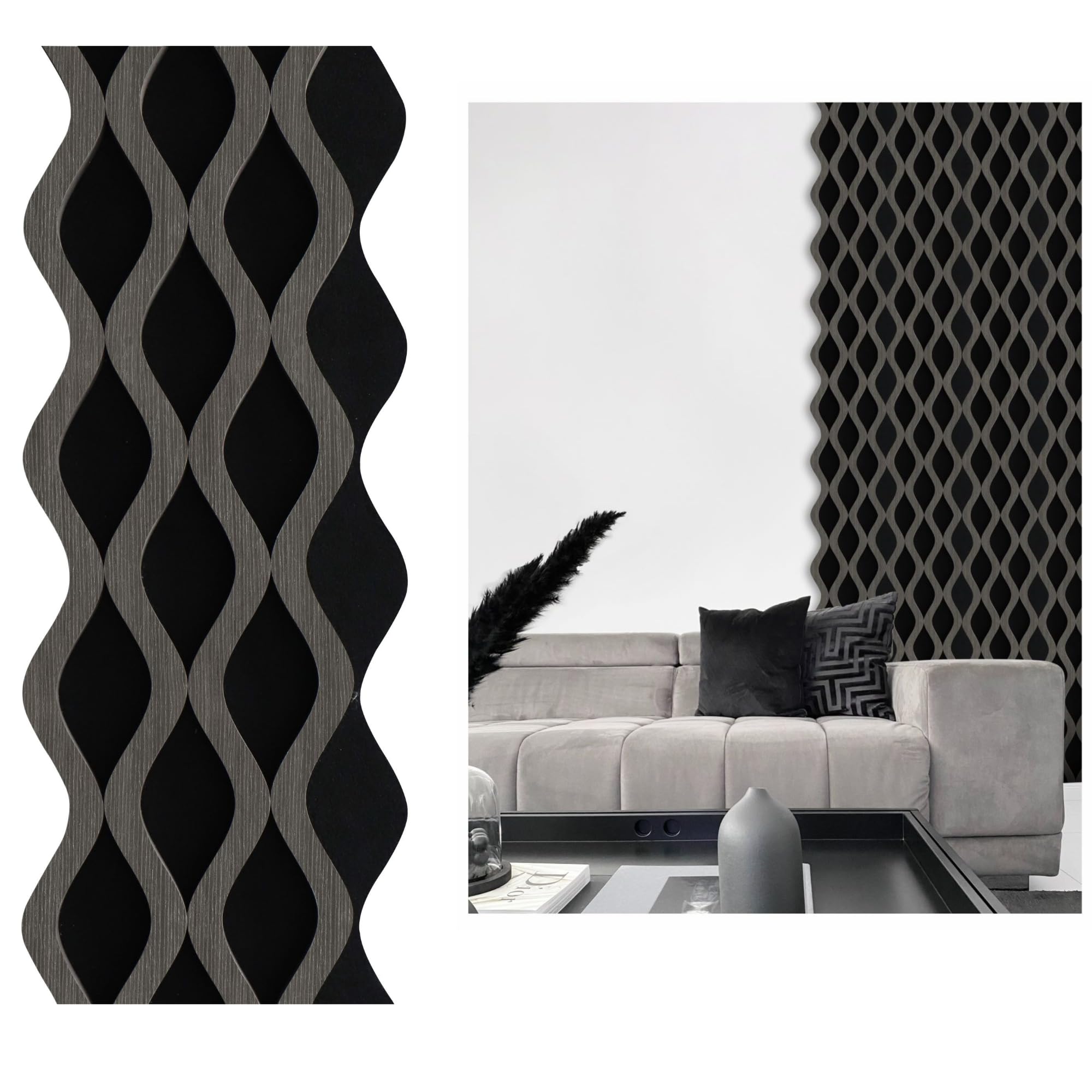 Juego de 6 paneles de pared de plástico con efecto de láminas, revestimiento de pared, techo, interior y exterior, 20 x 240 cm, encastre lateral, recortables, rígidos, decorativos, negro, PVC, doble