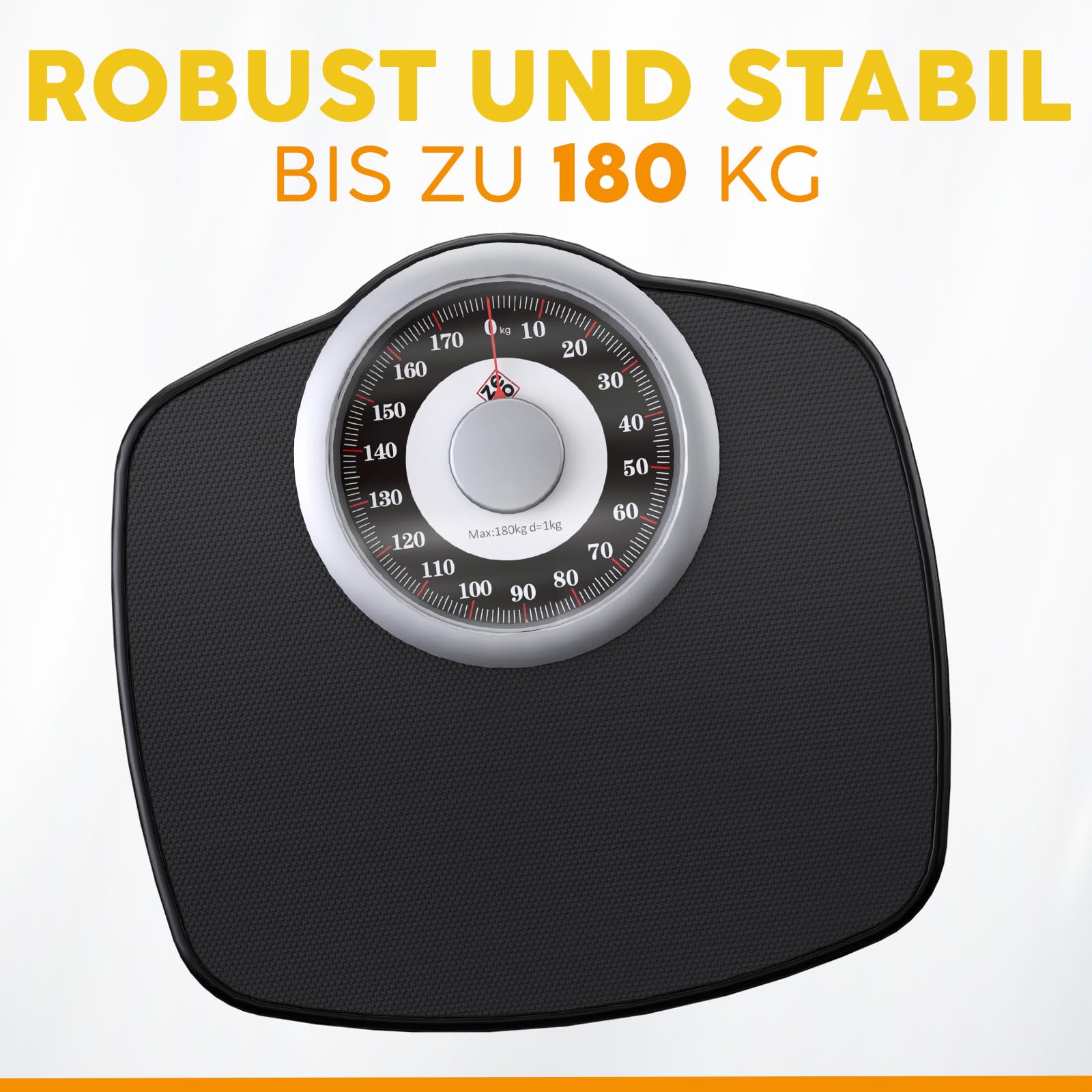 Zeno A25 Personenwaage – bis zu 180 kg – 5,3 Zoll Zifferblatt auf 31 x 30 cm großer Plattform – Rutschfeste Gummioberfläche – Hochpräzise analoge Personenwaage – Langlebig mit 20 Jahren Garantie