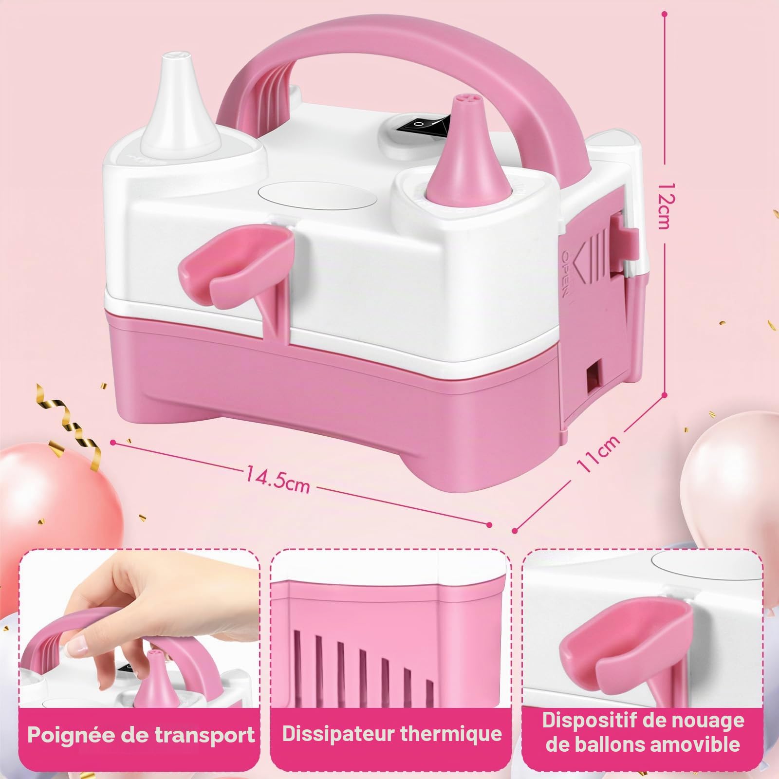 HELESIN Pompe à Ballons Électrique, Gonfleur Ballon Portable avec 4 Accessoires, Pompe à Air Electrique avec Gonfleur à Double Buse, Pompe Ballon d'anniversaire, Fête, Décoration de Noël
