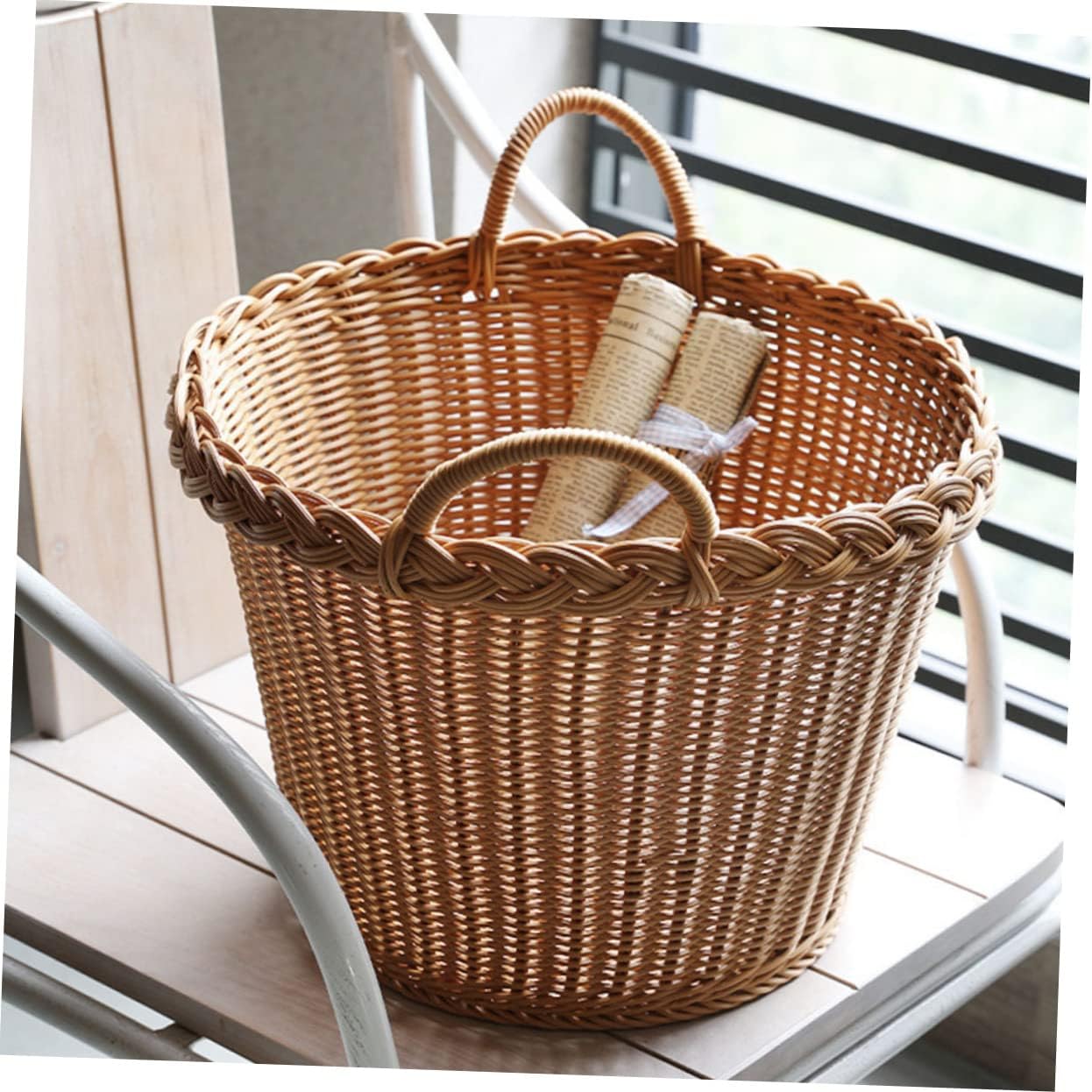 Japanese Style Laundry Hamper Basket with Handle Portable Lightweight Dirty Clothes Organizer Simulation Rattan Weave Design Space Saving Home Storage Smooth Surface and Material