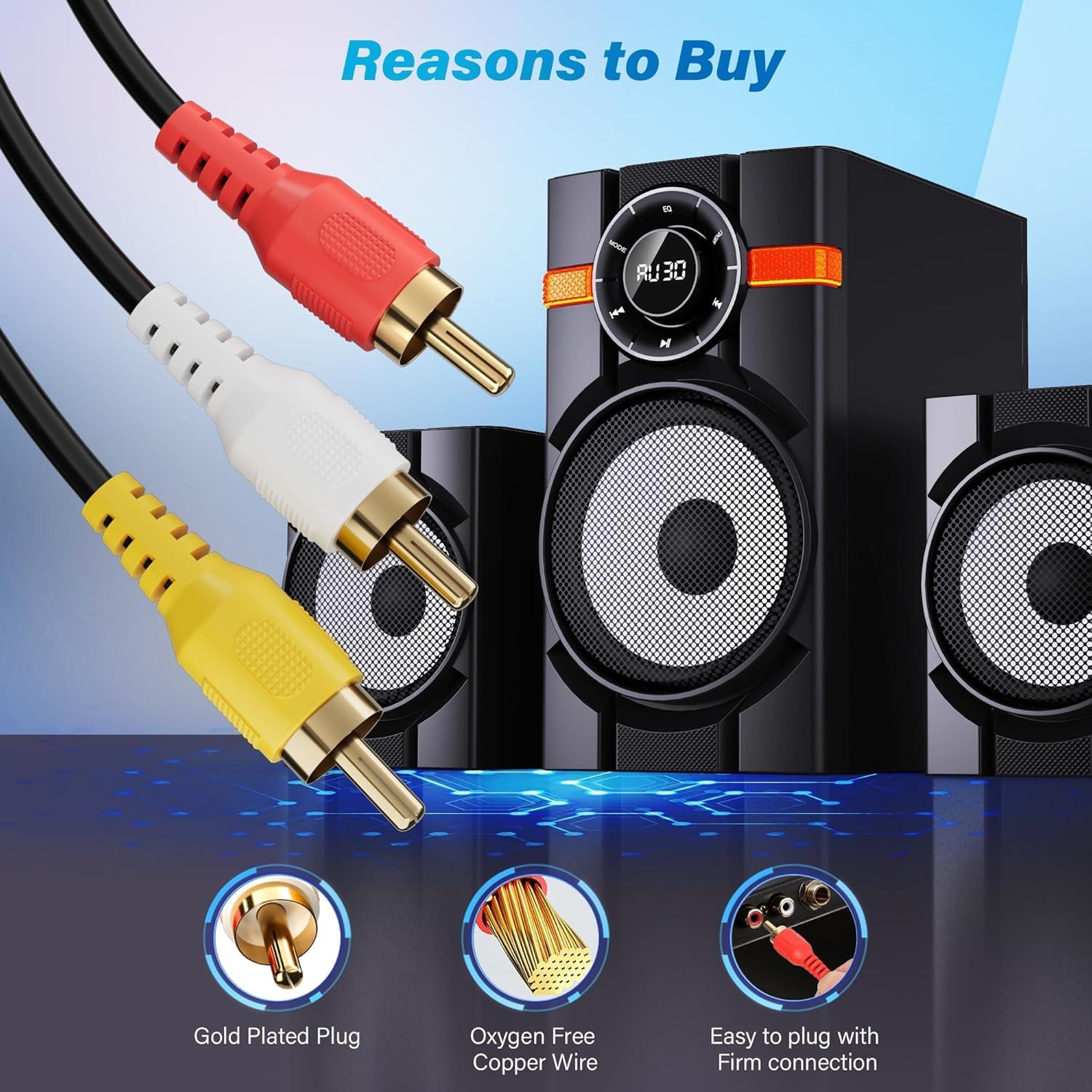 Adoreen 3 RCA Cable 2 Ft Audio Video Composite Male to Male DVD Cable, Gold-Plated Low Loss Stereo AV TV Cable Cord with Noise Reduction for VCD, Satellite,Stereo System,Home Theater Amp/Receiver 2FT 1 Pack image 3 of 6 B0DKJM96X9