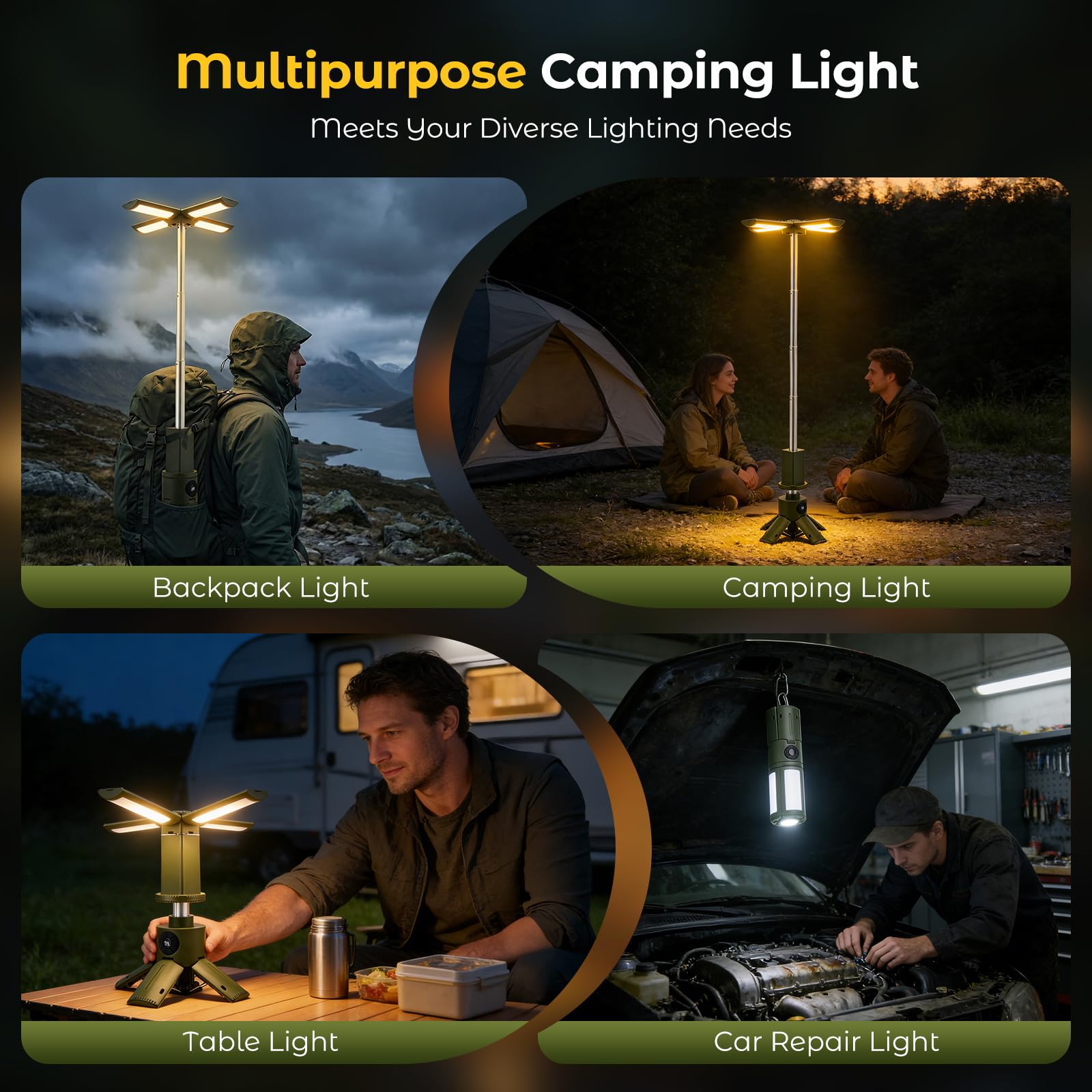 Lanterna da Campeggio Ricaricabile 8000mAh, Lampada LED da Campeggio Telescopica con Treppiede, Luce da Tenda Pieghevole IPX5, 4 Modalità Luce 11 Livelli Dimmer SOS Power Bank