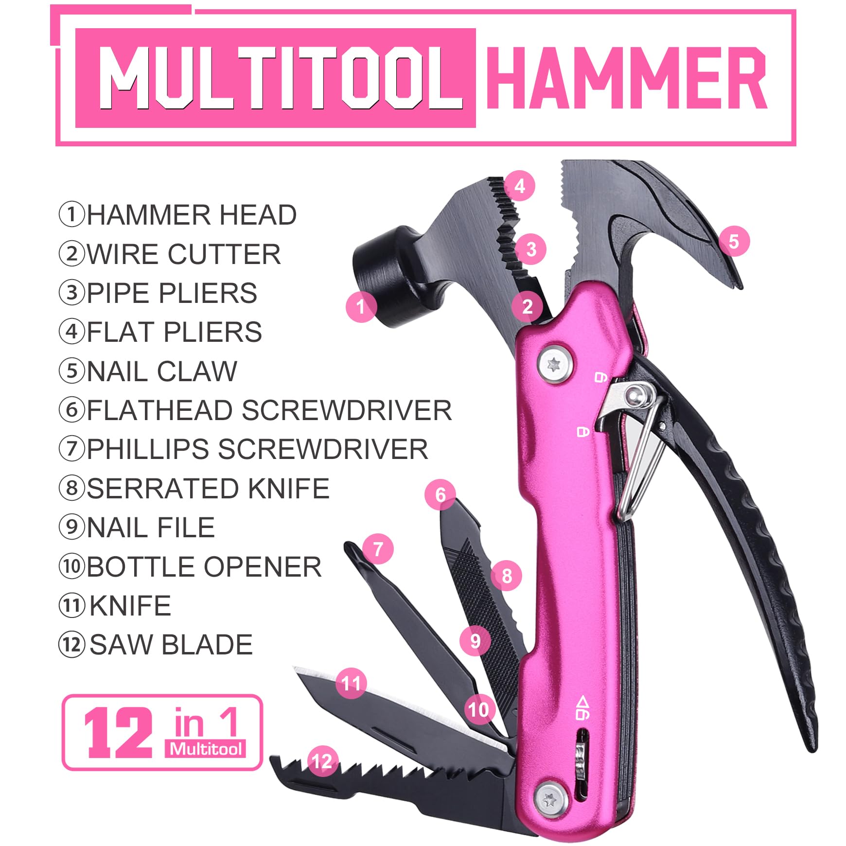 Mothers Day Mom Gifts for Mom Wife Daughter - Gifts for Women, Mothers Day Birthday Gift for Woman - Stocking Stuffers for Women, Christmas Woman Gift from Daughter, Son - Pin’k Multitool Hammer