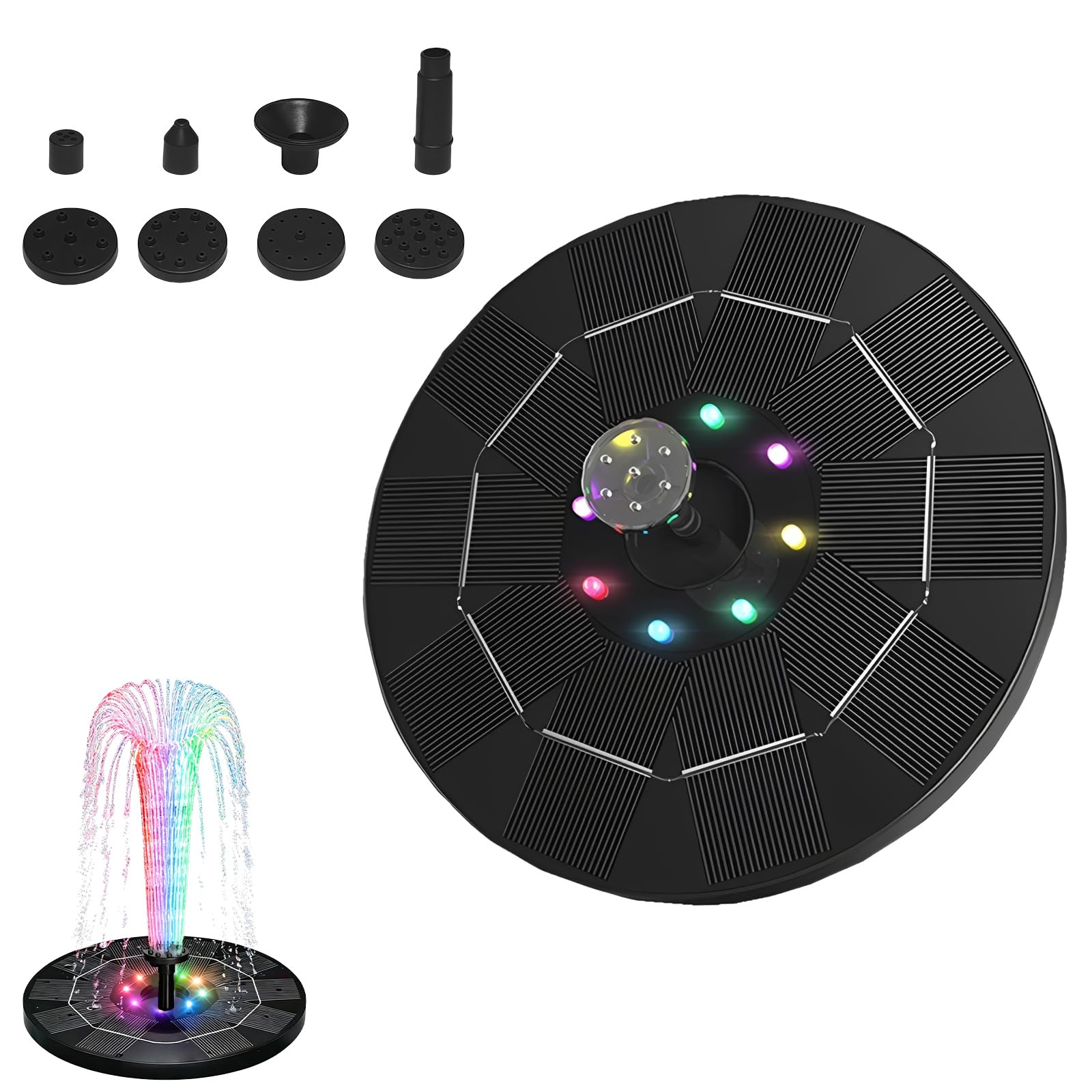Fontana solare per esterni con luce LED, 2,5 W, pompa solare per laghetto, 12 luci LED colorate per esterni, con 6 ugelli, galleggiante solare, pompa dell'acqua solare per giardino, stagno, bagno per