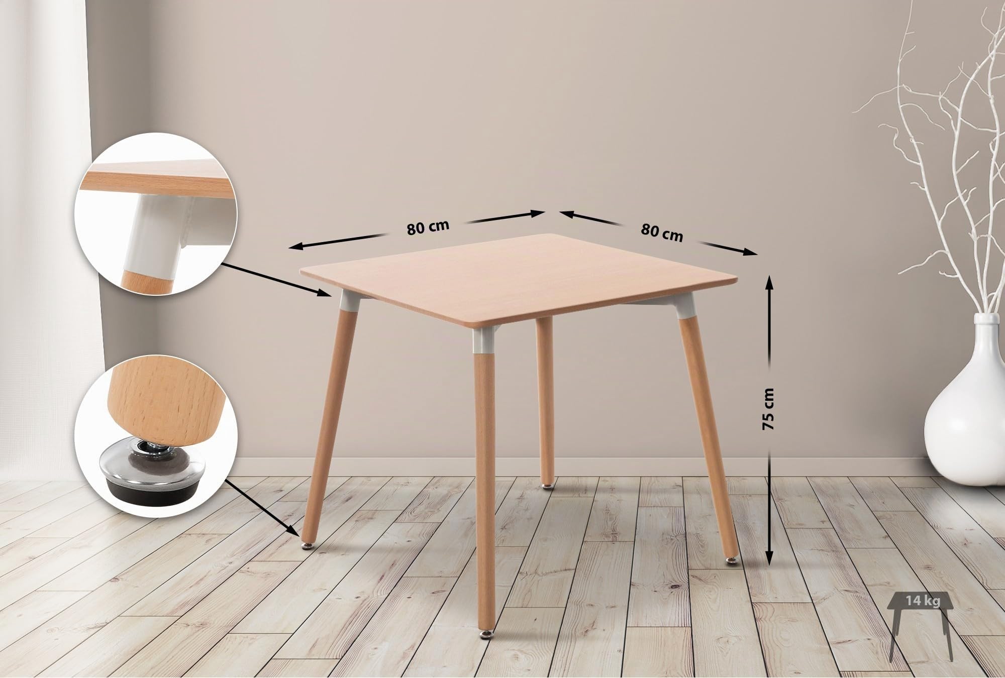 CLP Mesa Auxiliar Viborg I Mesa de Centro con Tablero de MDF I Mesa de Café con Base de Madera I Mesa de Cocina Nórdica, Color:Natura, Tamaño:80 cm