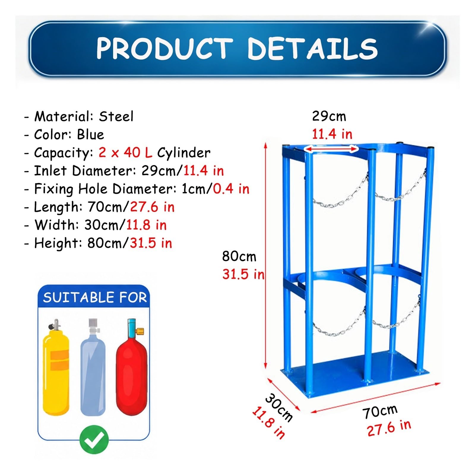 Soportes para bombonas de oxígeno Soporte De Almacenamiento para Cilindros De Gas con Cadena Ajustable, Soporte Antivuelco Independiente con Fijación Al Suelo(L 700mm/27.6")