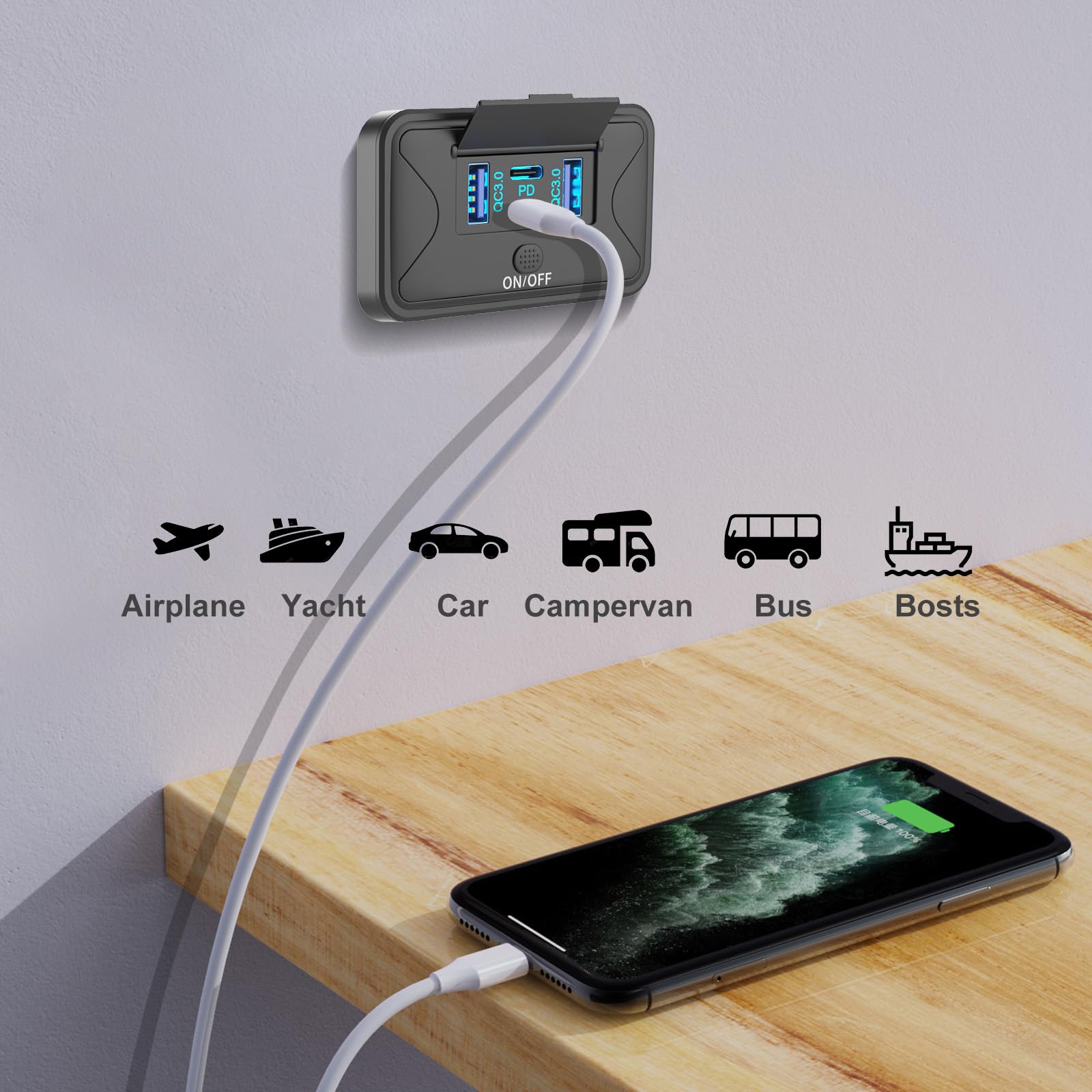 Podwójne gniazdo USB 12 V 78 W z PD 36 W i QC3.0 18 W do montażu na ścianie
