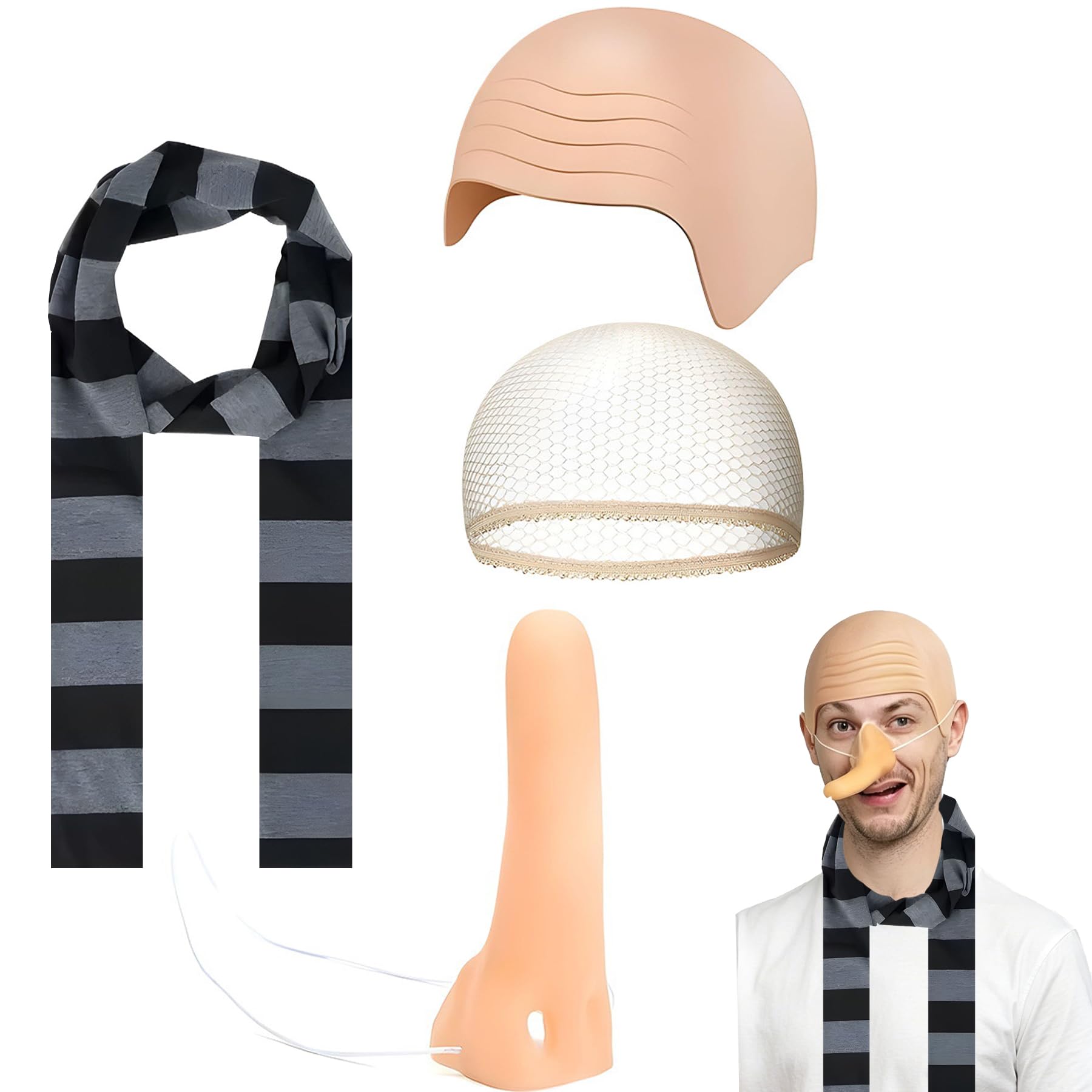 IPQNQVEY 4PCS Gru Costume,Bald Cap,Halloween Costume Accessories Scarf False Scalp Long Nose Hair Nets Movie Fancy Dress Adults for Cosplay Halloween Party Adults Pretend Play ﻿