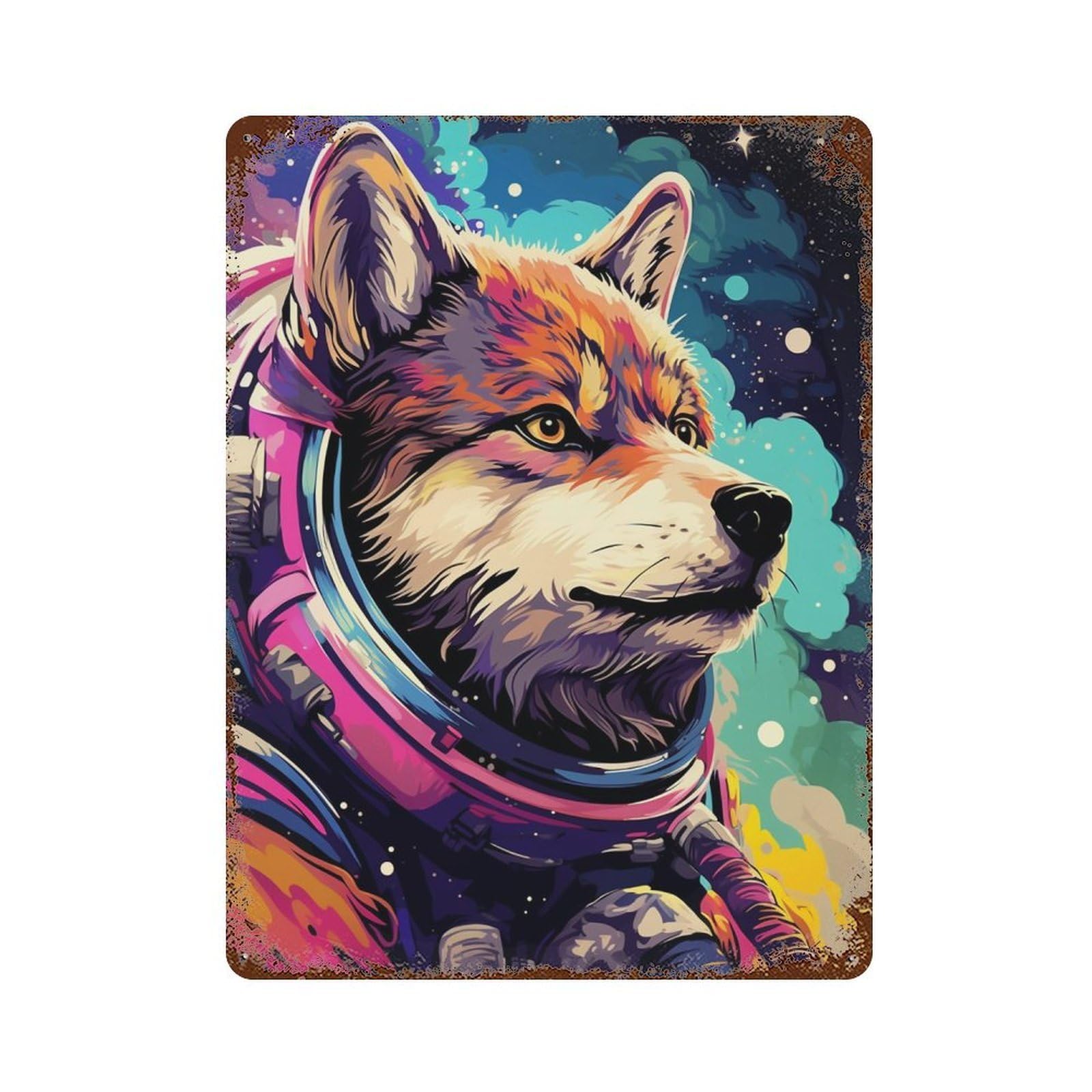 Cosmic Canine Explorer 15.7"x11.8" Vintage Rust Metal Sign, Classic Wall Plaque for Pub, Kitchen And Man Cave Decor