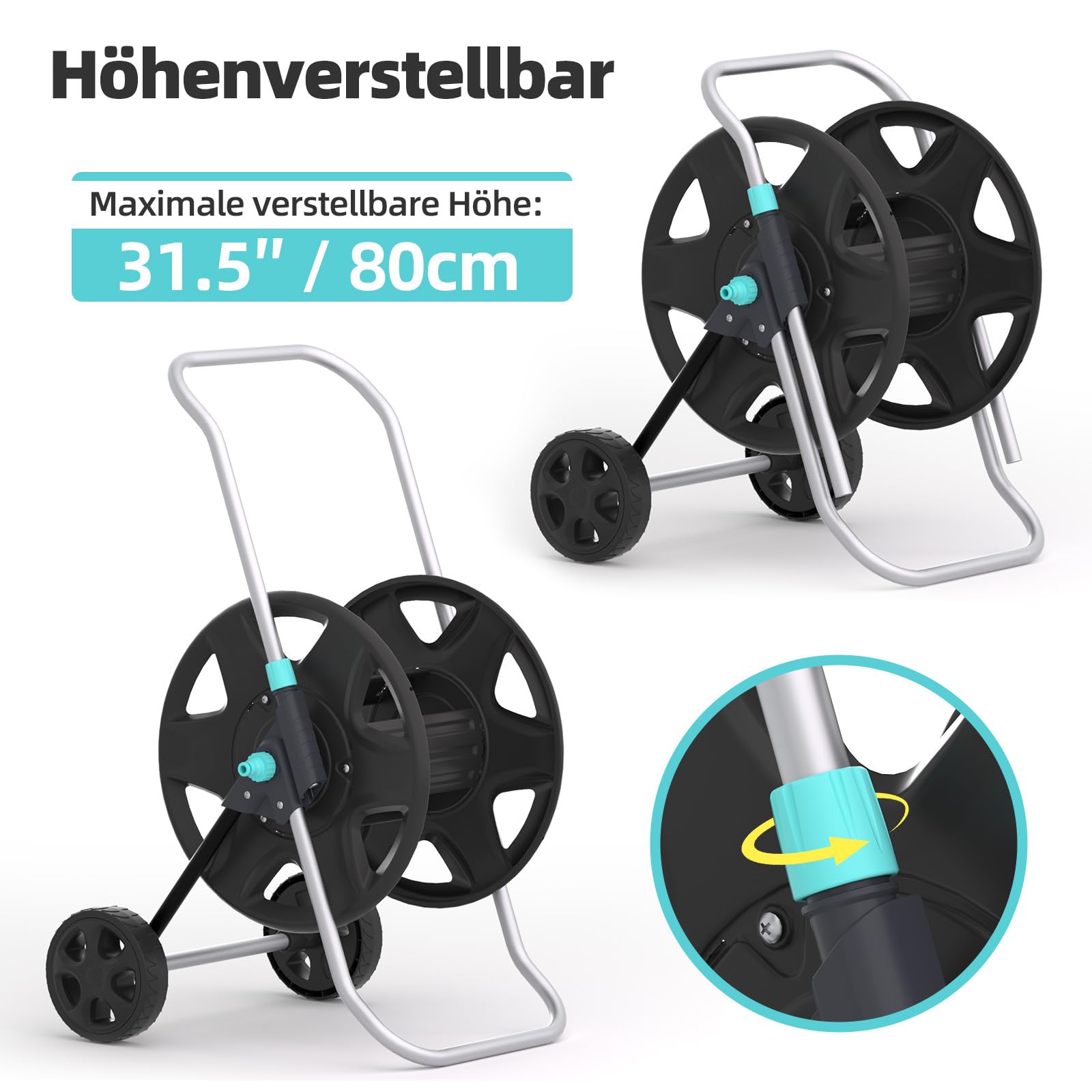 Schlauchwagen, Metall Schwerlastschlauchwagen mit Rädern, tragbarer Schlauchwagen für 30–60 m Schlauch, Schlauchaufroller für Außenbereich,Gärten oder Rasenflächen,Hinterhöfe