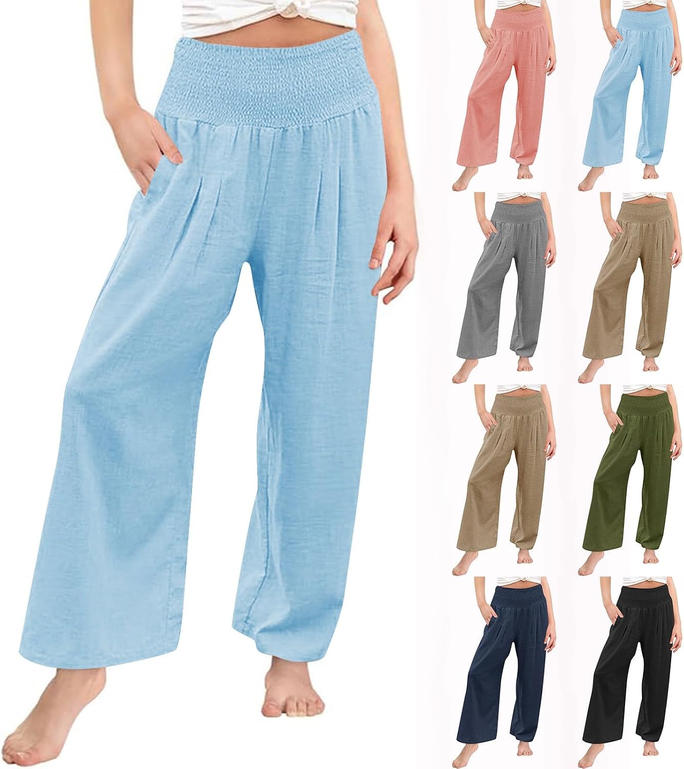 Girls Linen Palazzo Pants Boho Wide Leg High Waisted 𝐋ounge Pants Pleated Relaxed Fit Trousers Elastic Waist Trousers