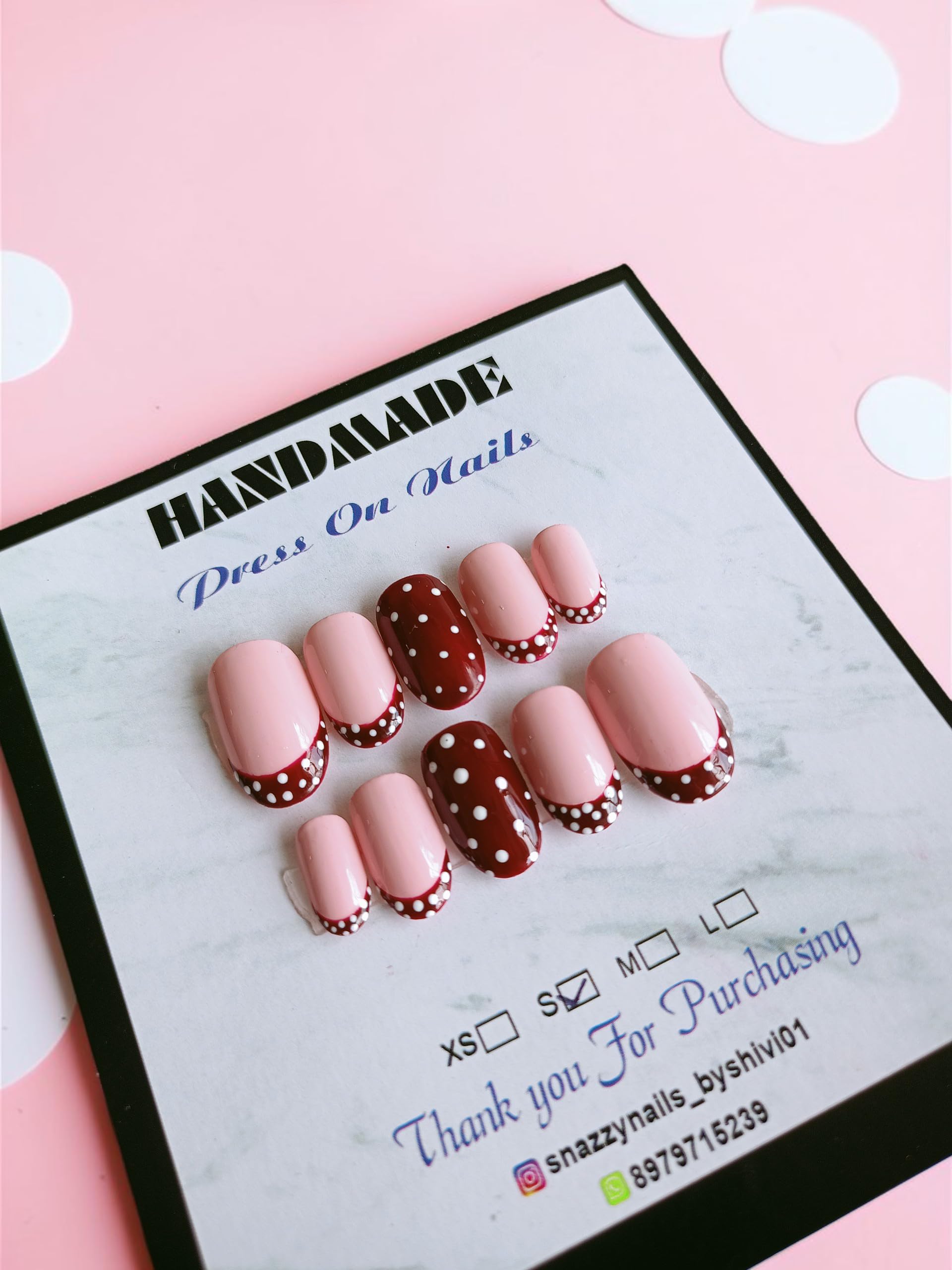 Handmade Press on Nails, Pink with Red French Tips and Polka Dots, Short Square Shape-image-27