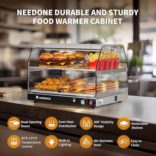 Miniatura 8 de NEEDONE Calentador de alimentos, calentador de pizza comercial de 2 niveles con iluminación LED, termostato ajustable, estantes extraíbles,