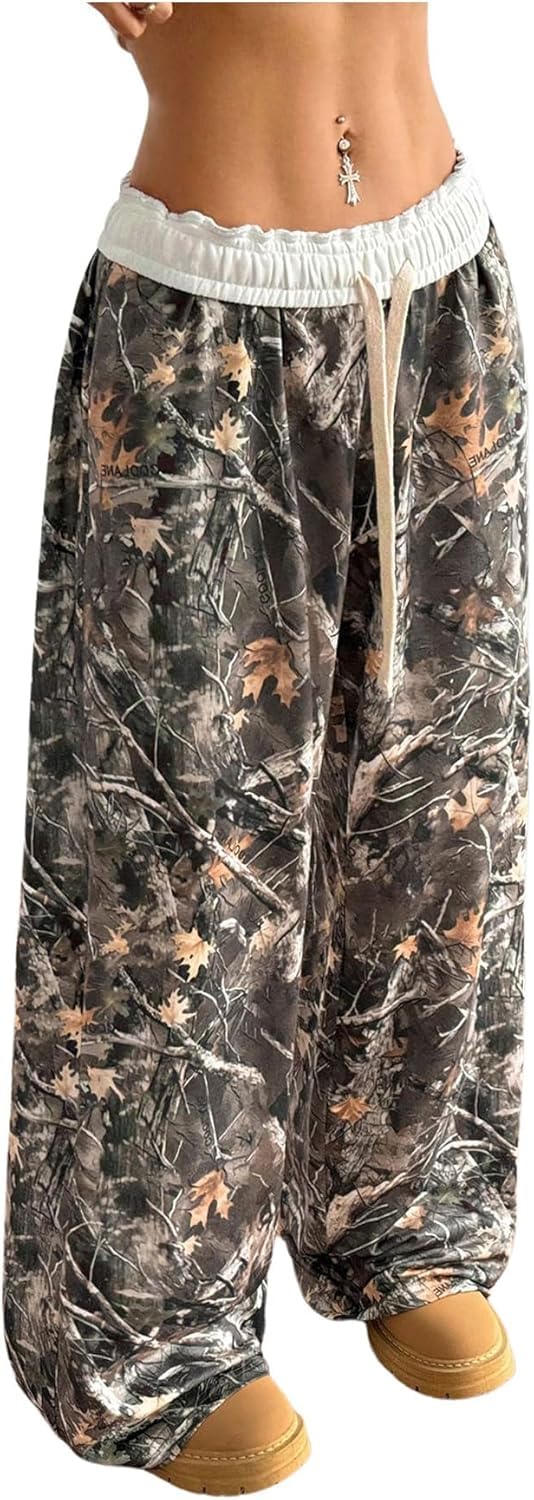 BONVEN Womens Wide Leg Camo Baggy Sweatpants Y2k Casual Cargo Pants Loose Elastic Waist Drawstring Pants with Pockets