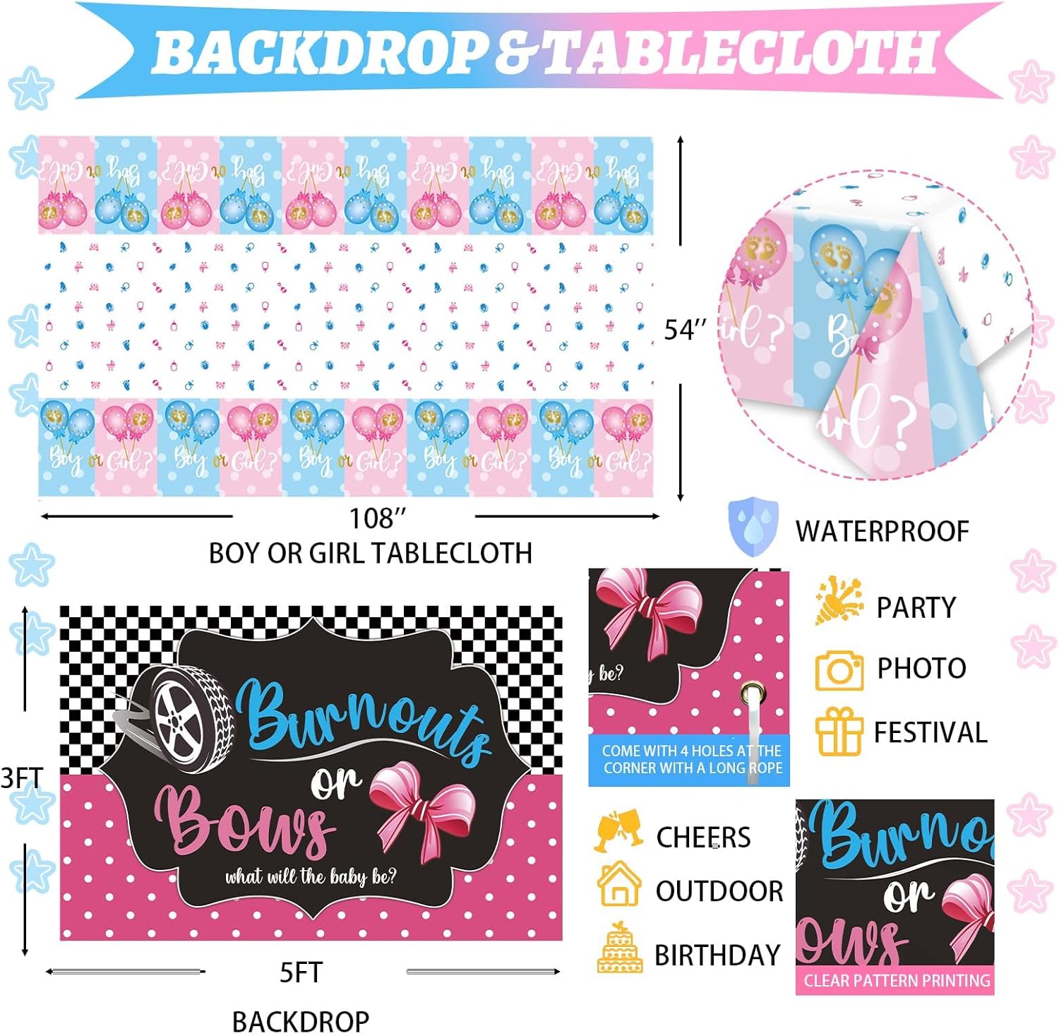 Hombae Burnouts or Bows Gender Reveal Decorations Kit - 171 Pcs Boy or Girl Gender Reveal Party Supplies with Backdrop, Balloons & Confetti for Baby Shower