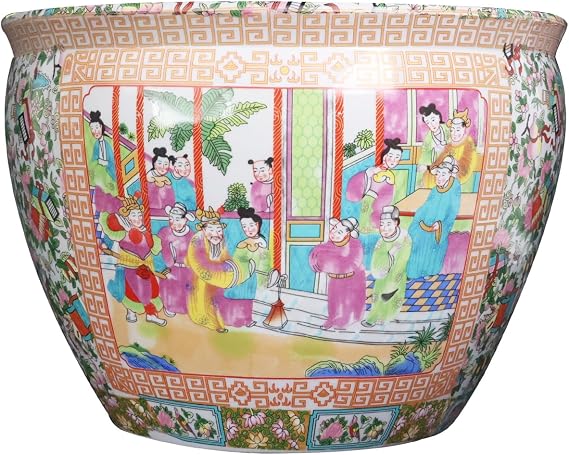 Rose Medallion Porcelain Fishbowl 14 Diameter with Swimming Gold Fish Inside