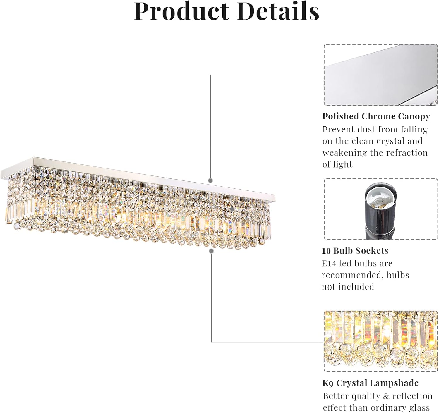 Siljoy Modern Crystal Chandelier 10-Lights Rectangular Flush Mount Pendant Ceiling Light Fixture Rectangle K9 Crystal Raindrop Chandelier for Dining Living Room Kitchen Island L47'' x W10'' x H10'