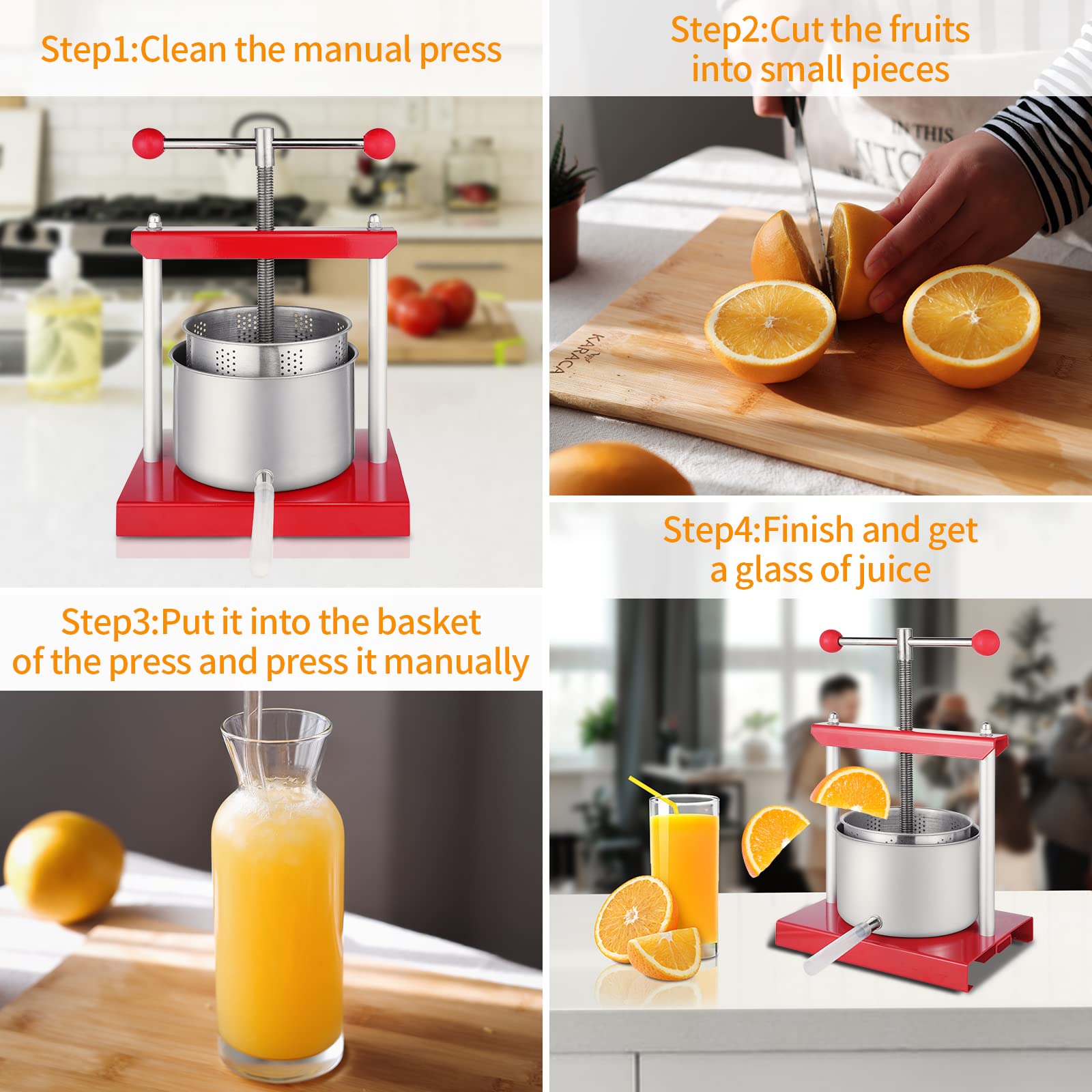 YRHome 3L Edelstahl Obstpresse Fruchtpresse Weinpresse Manuelle Apfelpresse Edelstahlkorb Beerenpresse Obst Wein Presse Maischepresse Obstschredder Entsafter Obstmühle für Obst Trauben Fleisch