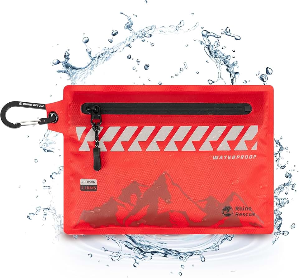 Rhino Rescue Pequeño botiquín de primeros auxilios, kit médico impermeable ultraligero para senderismo, mochilero, ciclismo, coche, viaje (rojo)