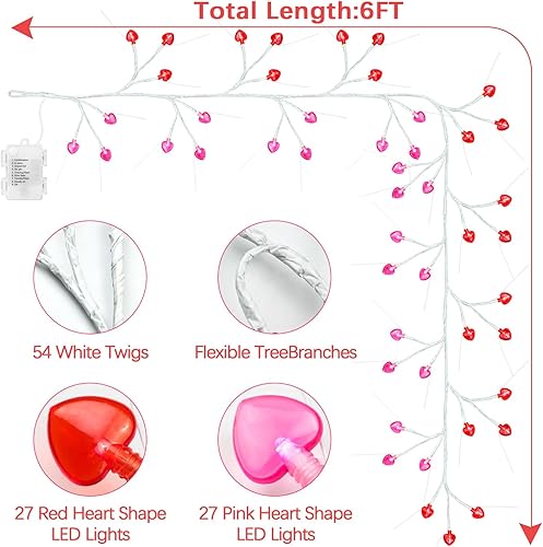 Miniatura 3 de Guirnalda de 6 pies para el día de San Valentín con 54 luces de corazón, guirnalda preiluminada a pilas con temporizador y 8 modos, guirnalda