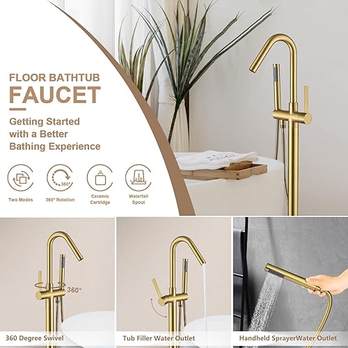 Miniatura 4 de SATICO Grifo de bañera independiente de níquel cepillado FF034BB para baño de una sola manija con grifo mezclador de ducha de mano con boquilla