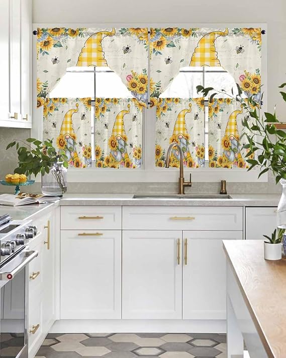 Spring Summer Bee Gnomes Swag Kitchen Curtain Sets with Valance,3 Pieces Rod Pocket Curtain Drapes for Bedroom Bathroom Cafe Windows,Sunflower Bumble Bee Yellow Plaid 56''x36''&24''x27.5''x2Panels