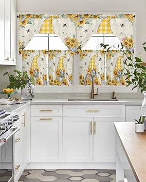 Spring Summer Bee Gnomes Swag Kitchen Curtain Sets with Valance,3 Pieces Rod Pocket Curtain Drapes for Bedroom Bathroom Cafe Windows,Sunflower Bumble Bee Yellow Plaid 56''x36''&24''x27.5''x2Panels