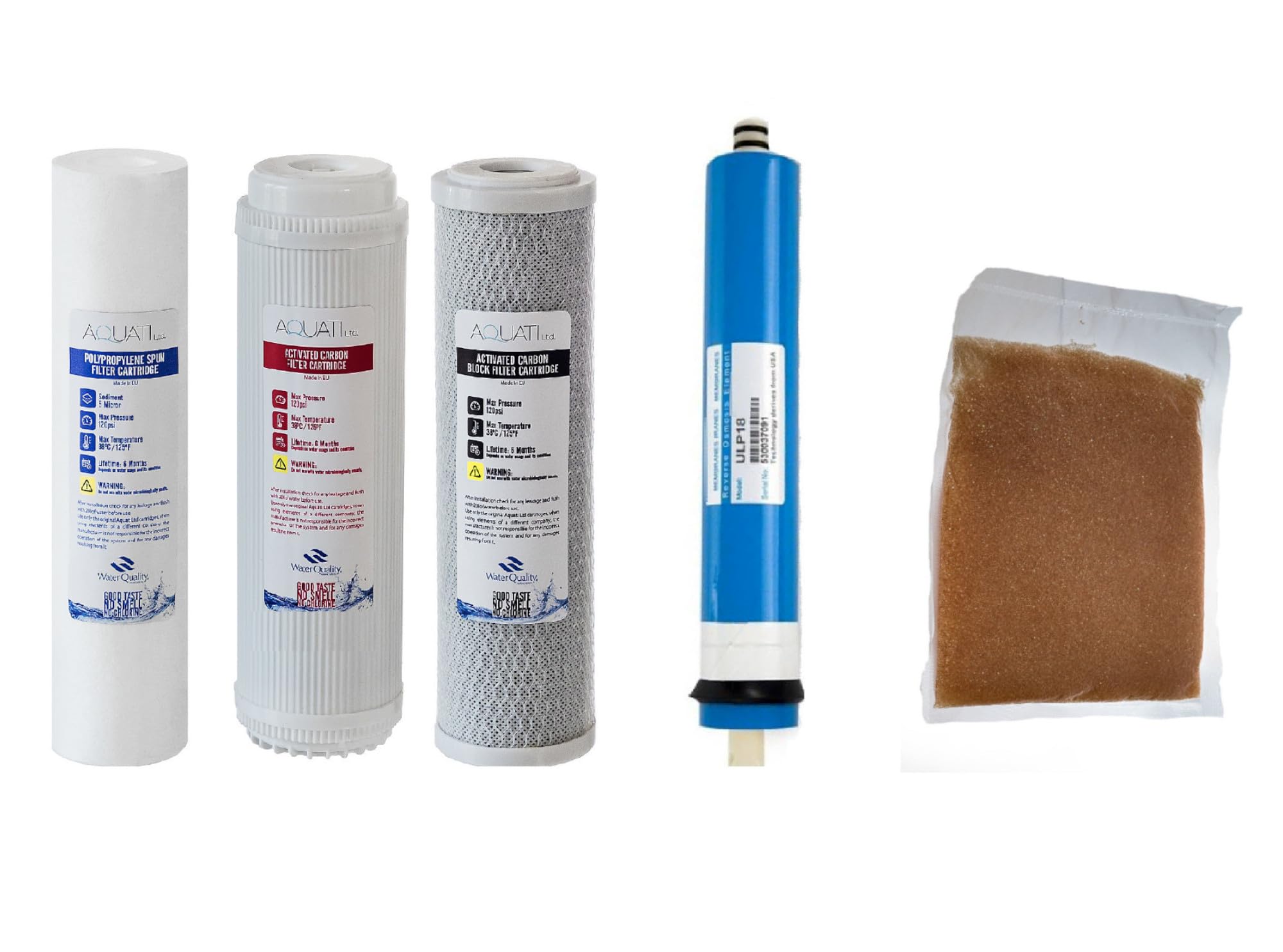 Aquati Filters Complete Replacement Set for 5 Stage RO DI Reverse Osmosis Water Filtration Systems 10" (50GPD RO Membrane)
