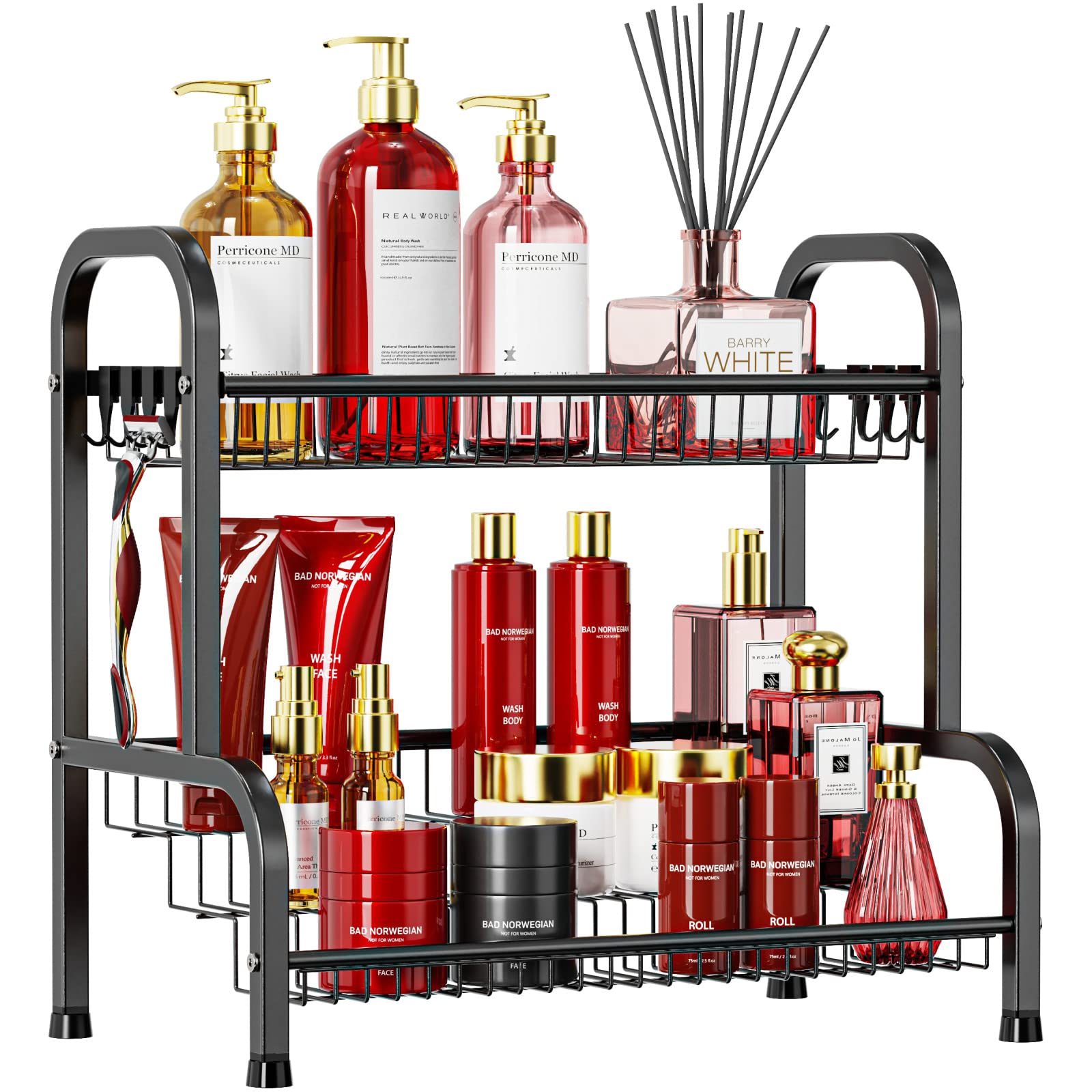 Bathroom Countertop Organizer, Swedecor 2 Tier Bathroom Counter Organizer Standing Rack with Stepped Design, Corner Storage Shelf Cosmetic Organizer Holder for Bathroom Vanity Countertops, Black
