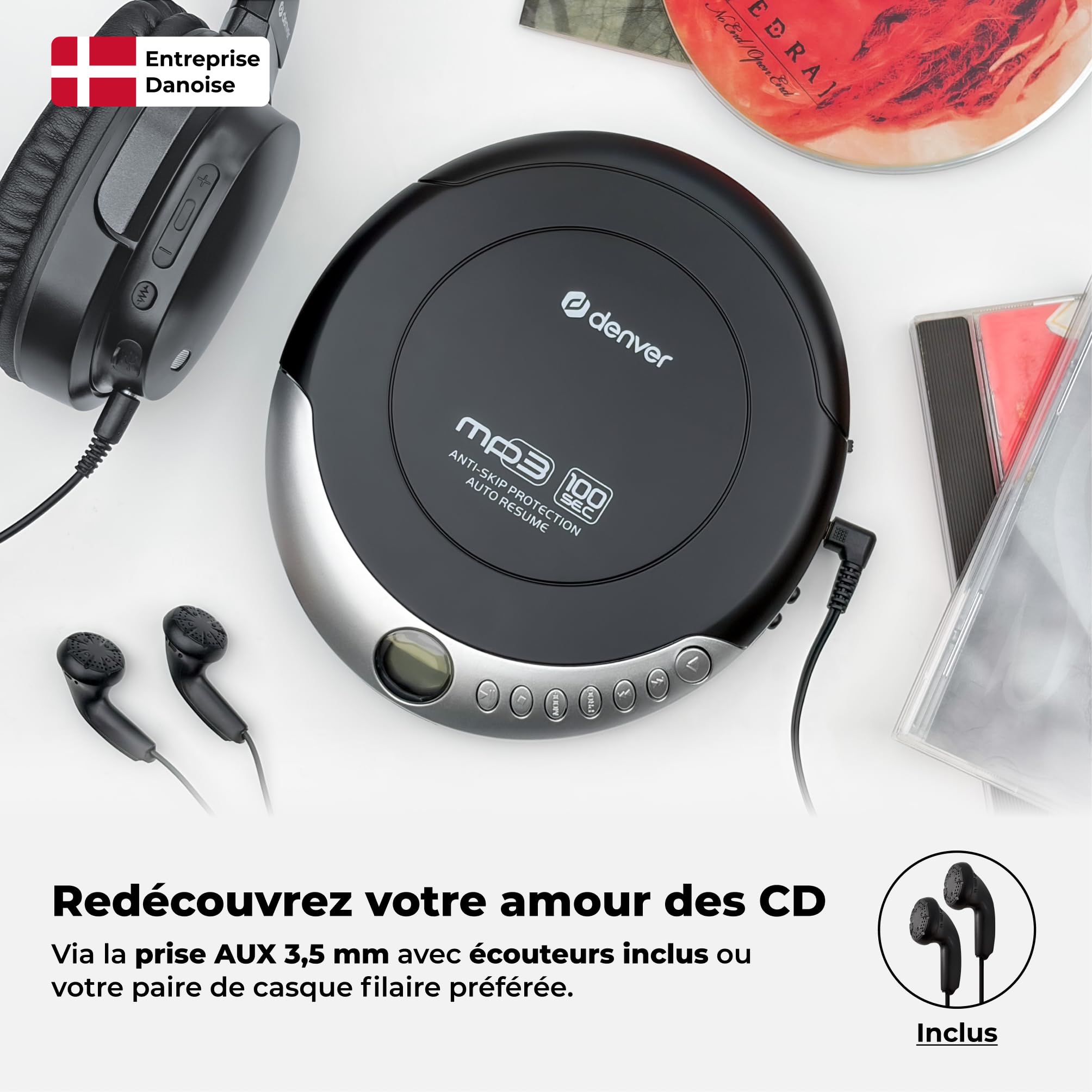 Denver DMP-391 Lecteur CD/MP3 Portable avec Anti-Choc, Reprise Automatique, écran LCD, Prise Casque, écouteurs Inclus, Noir