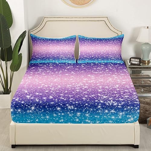 Miniatura 3 de Erosebridal Juego de ropa de cama de lentejuelas con purpurina y estrellas, sábanas de bolsillo profundo arcoíris y galaxia espacial, sábana bajera