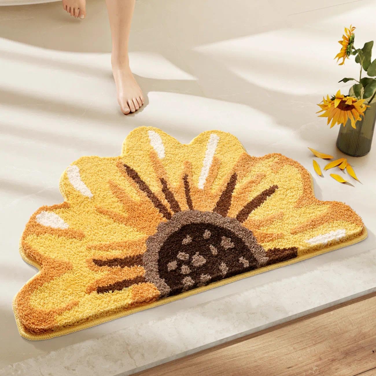 Sunflower Half Circle Bath Mat – 35.8" x 20" Cute Bathroom Rug with Petal Shape, Soft Absorbent Non Slip Mat for Shower, Sink or Entryway, Machine Washable