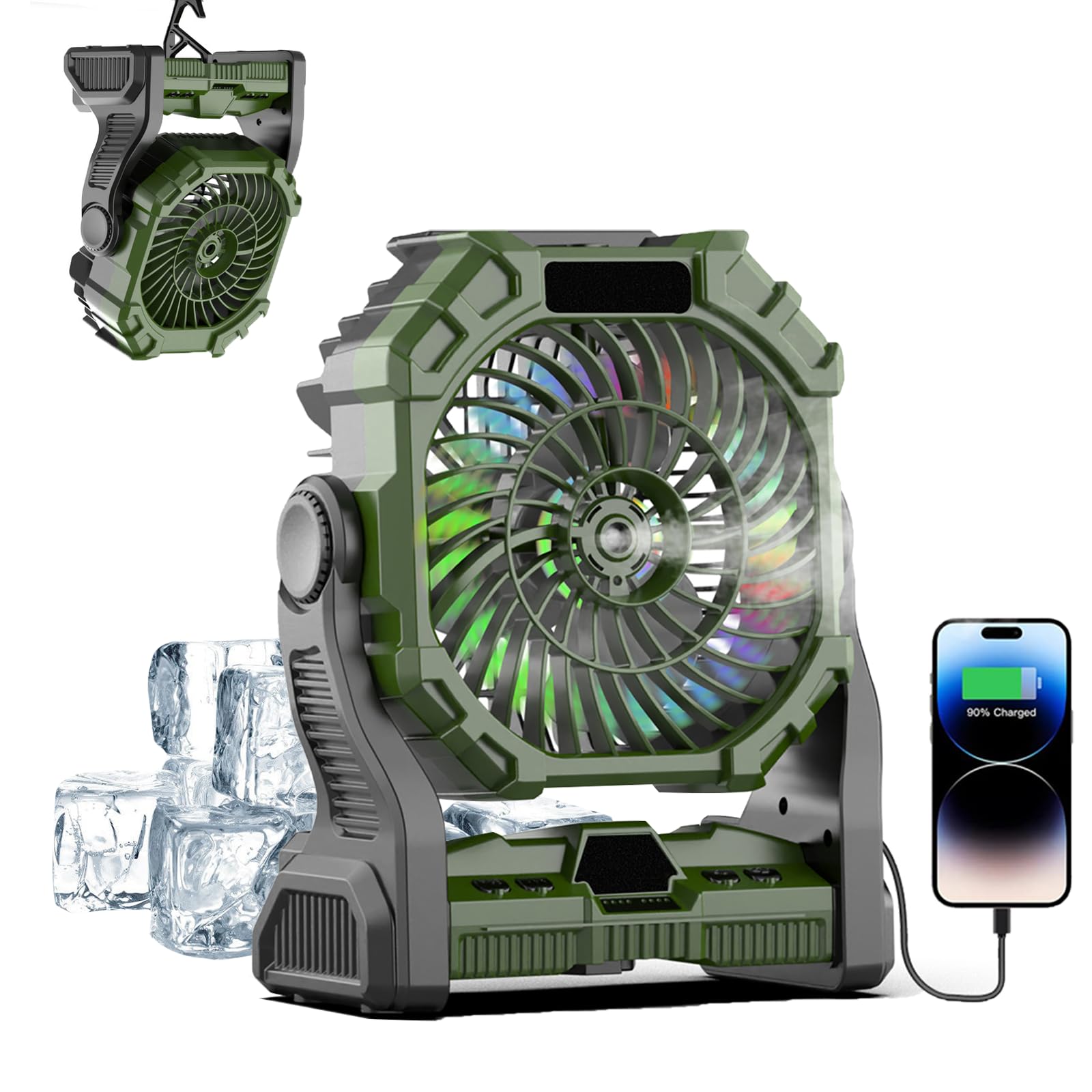 SPNOR Camping Fan, Standing Fan, Portable Misting Desk Fan with Light & 250mL Water Tank, Floor Fan with Hook, Cooling Mist Fans for Outdoor Patios Beach RV Car Summer