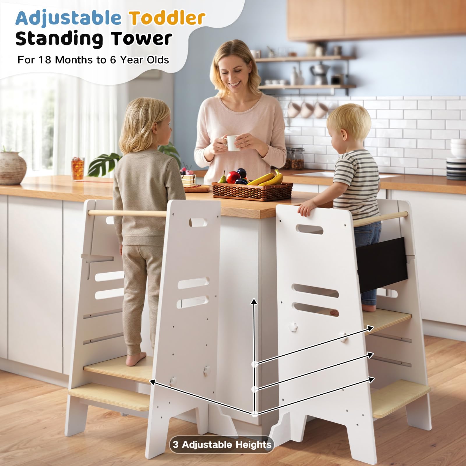 Labebe Learning Tower 3 in 1 con Lavagna e Seduta, Torre Montessori Regolabile in 3 Altezze, Legno