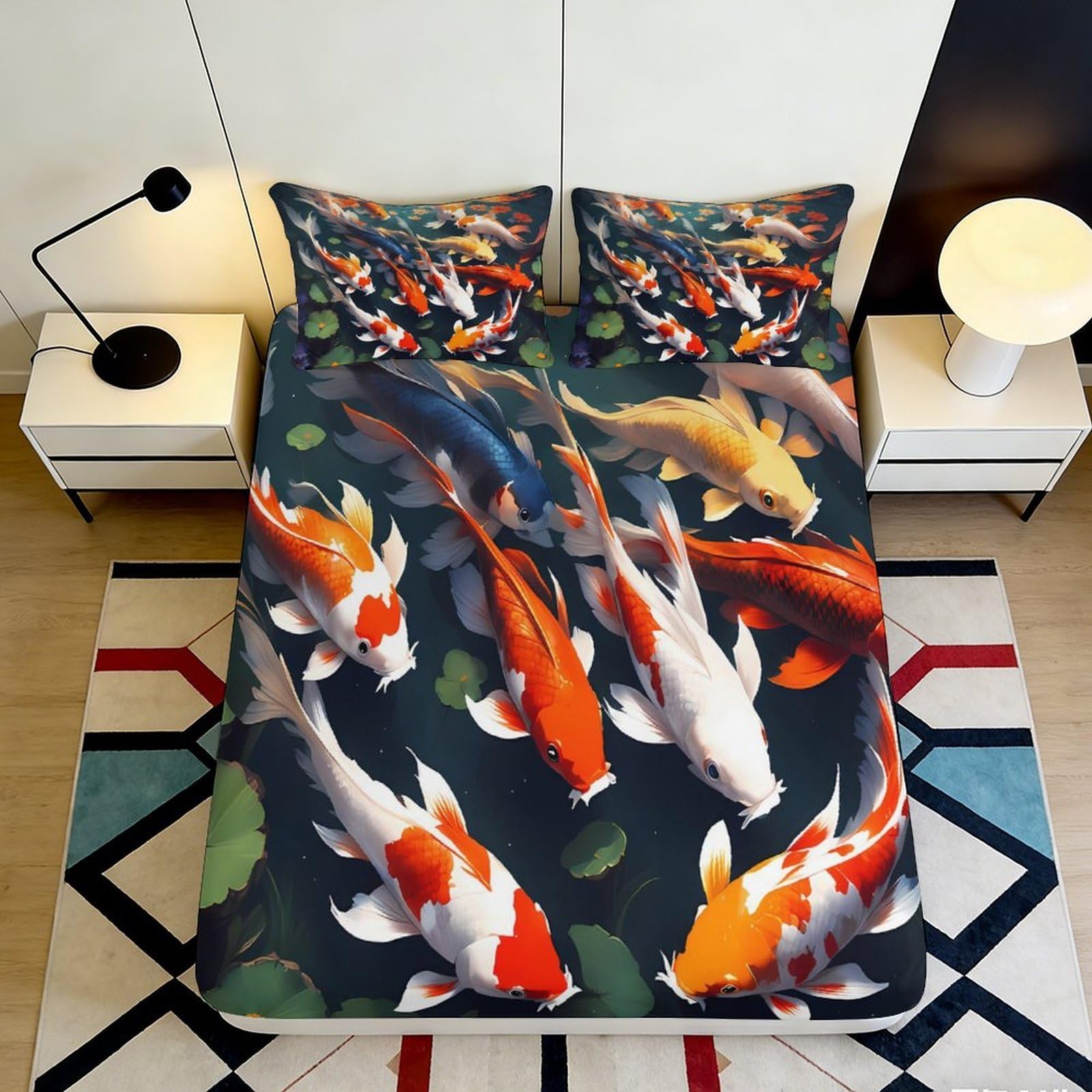 Jqzkxnhpbr Style-5 3D Printed Koi Fish Pond Fitted Sheet Microfiber Soft Non Slip Bed Sheet For Bedroom Guestroom Mattress Decor 90X200x25cm