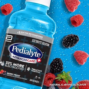 Pedialyte AdvancedCare Plus Electrolyte Hydration Drink, Has 33% More Electrolytes and Has PreActiv Prebiotics, Berry Frost, 1 Liter, Pack of 4