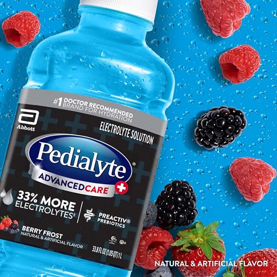 Pedialyte AdvancedCare Plus Electrolyte Hydration Drink, Has 33% More Electrolytes and Has PreActiv Prebiotics, Berry Frost, 1 Liter, Pack of 4