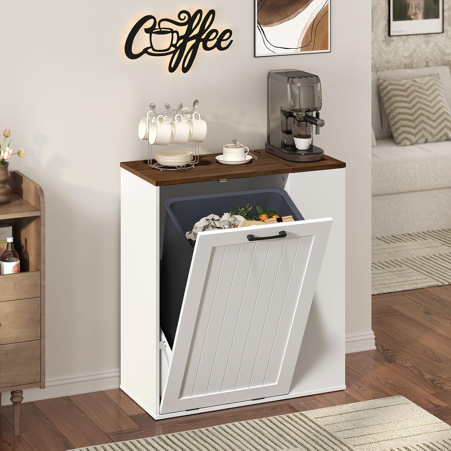 Tilt Out Trash Can Cabinet, 10 Gallon Hidden Garbage Can Cabinet with Bottle Recycling Compartment, Wooden Recycling Cabinet Trash Can, for Kitchen, Living Room, White and Walnut WB06WH