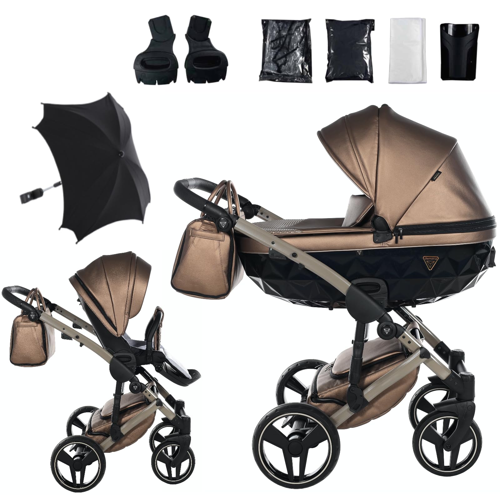 Junama Passeggino TRIO Diamond Fluo 03 Marrone - 2in1 3in1 4in1 + ombrellino (2 in 1 con Adattatori)