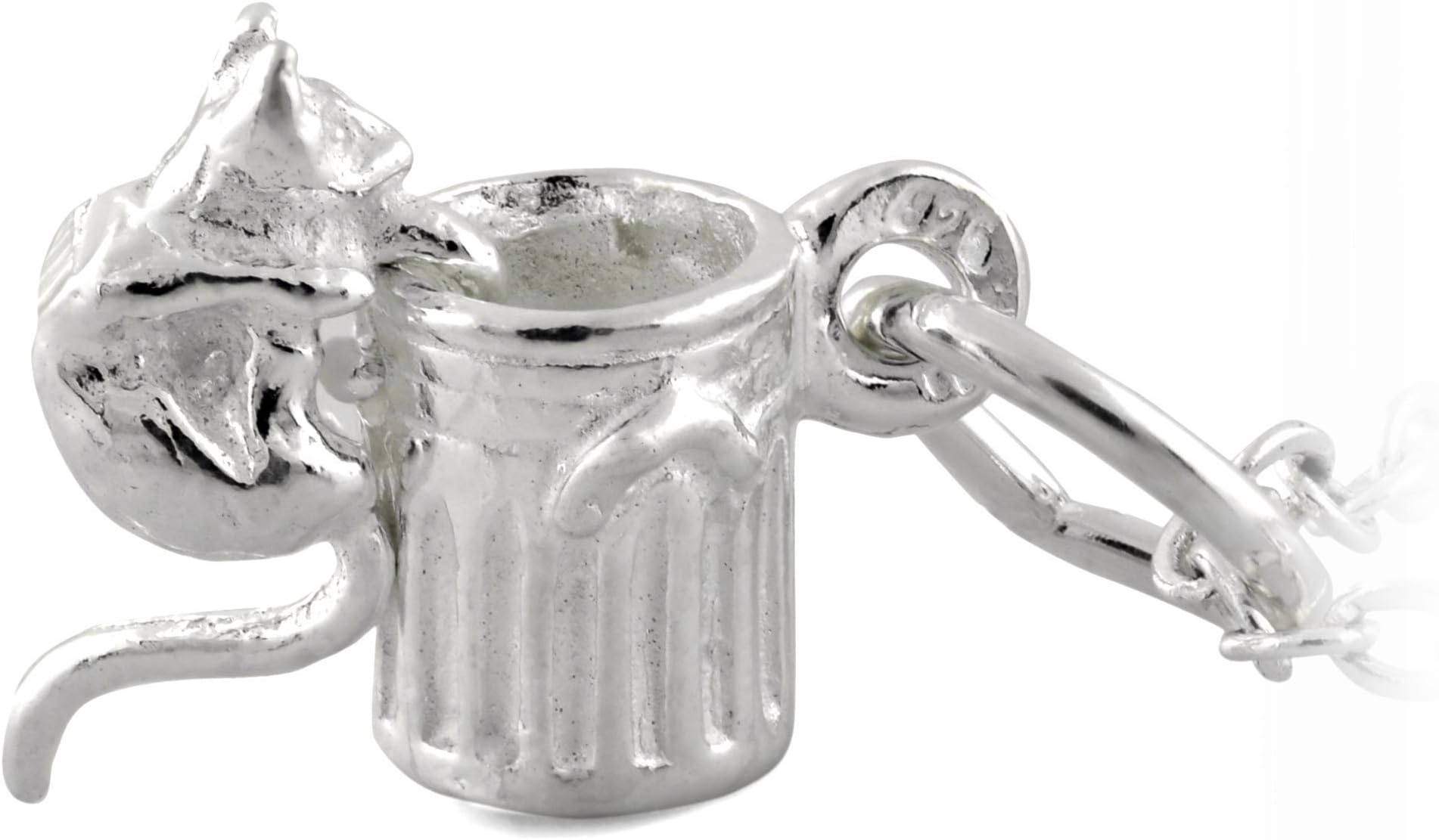 Silver Pendant Cat on Rubbish Bin Moveable 8.9x11.5mm