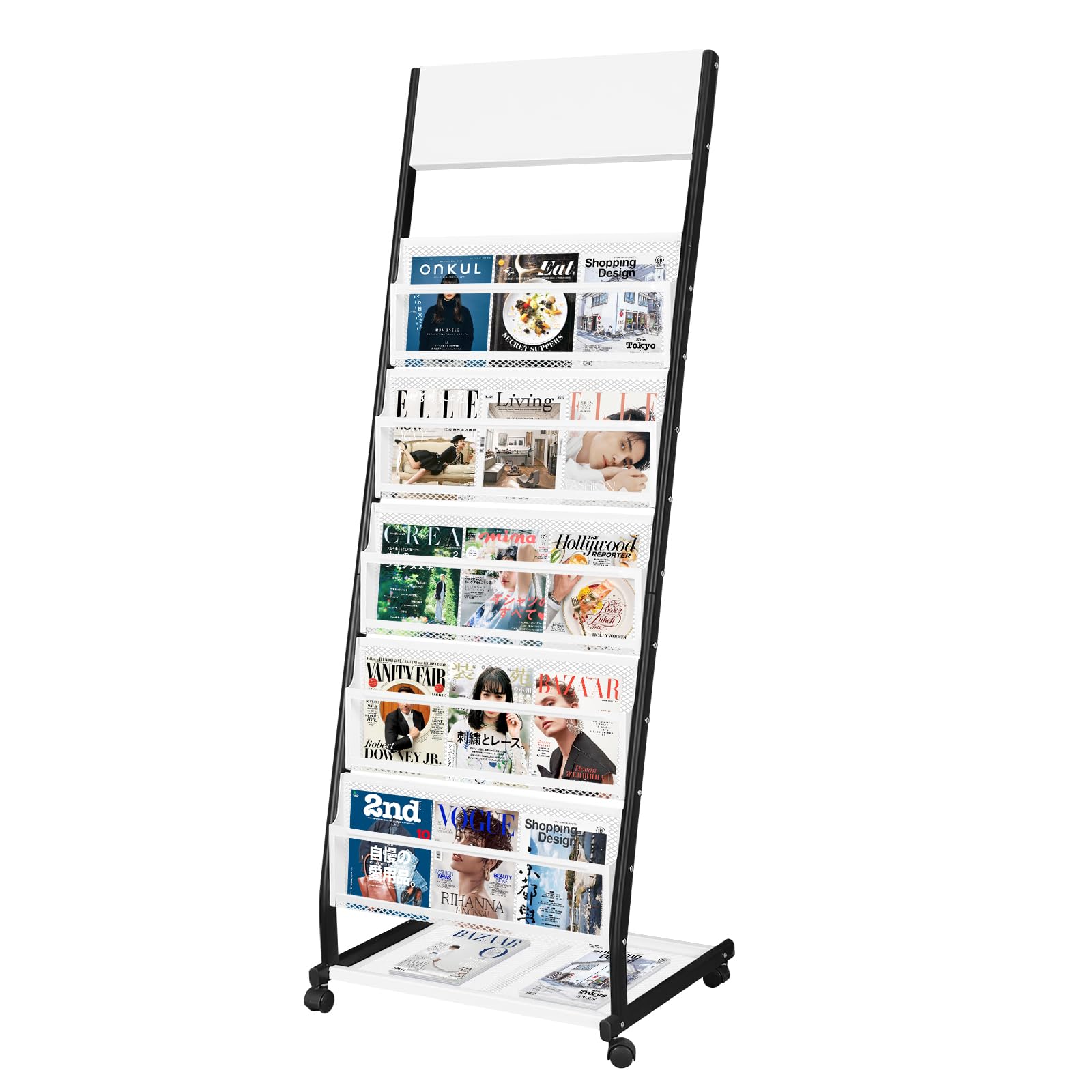 Photo 1 of Floor-Standing Magazine Rack 5 Layer with Wheels Brochure Display Stand Large Newspaper Stand for Trade Show Exhibitions Office (Long 18.7 IN) Black and white