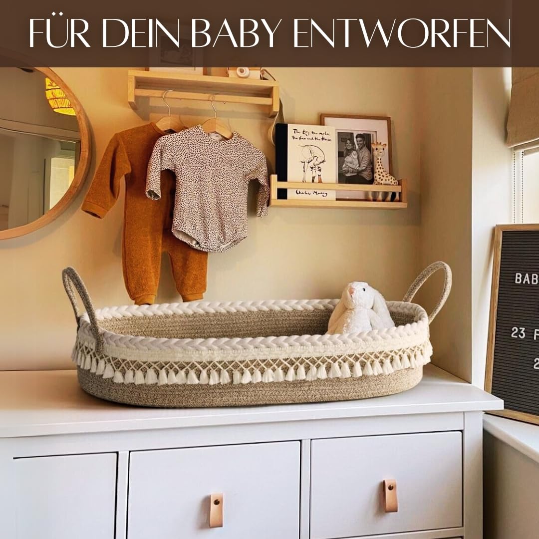 SEBRAM Wickelkorb Baby – Handgefertigte Wickelauflage mit Liebe, Wasserdichte Matratze und Tragetasche | Sicher & Schön fürs Babyzimmer – Farbe: Beige